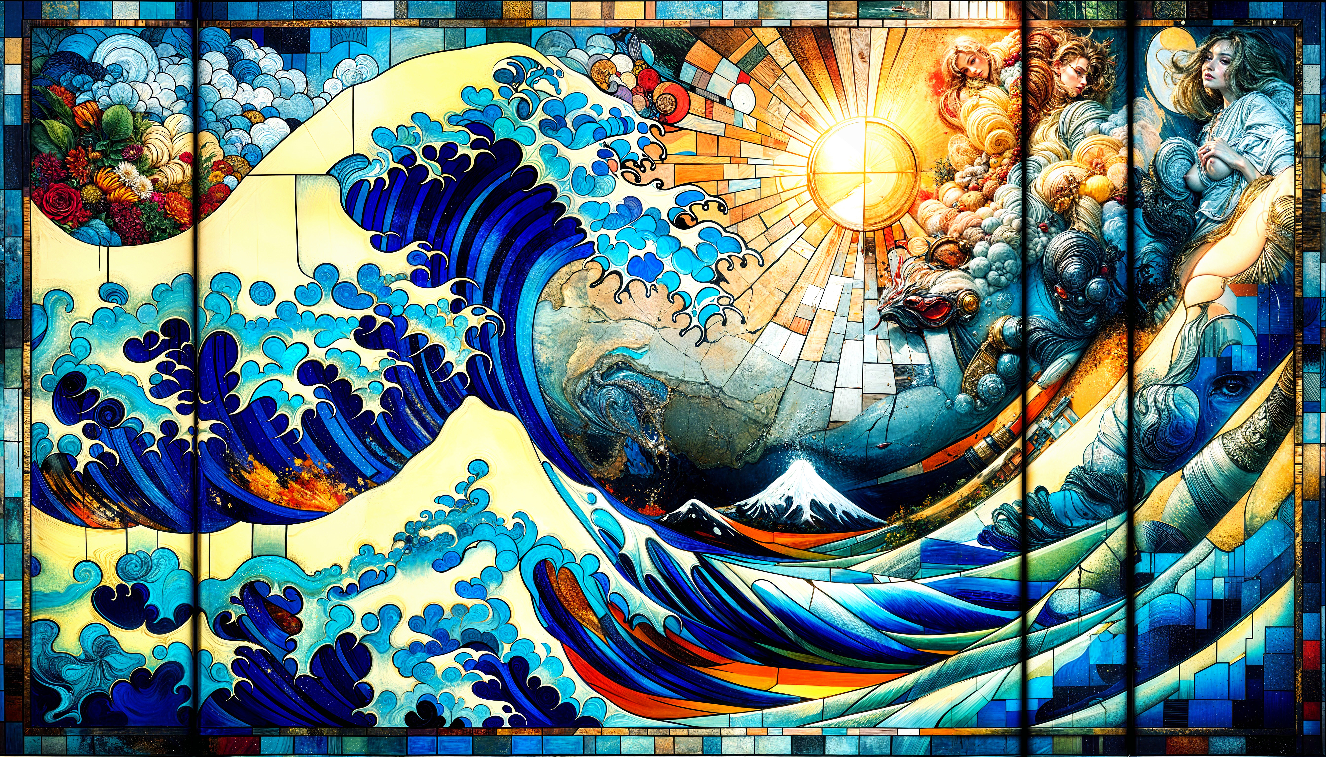 Vibrant Stained Glass Artwork of Waves and Mount Fuji