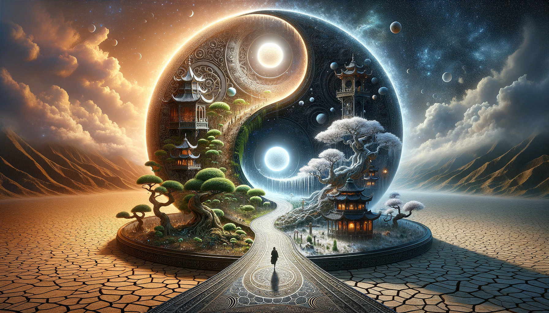 Surreal Landscape with Yin-Yang Symbol and Contrasts