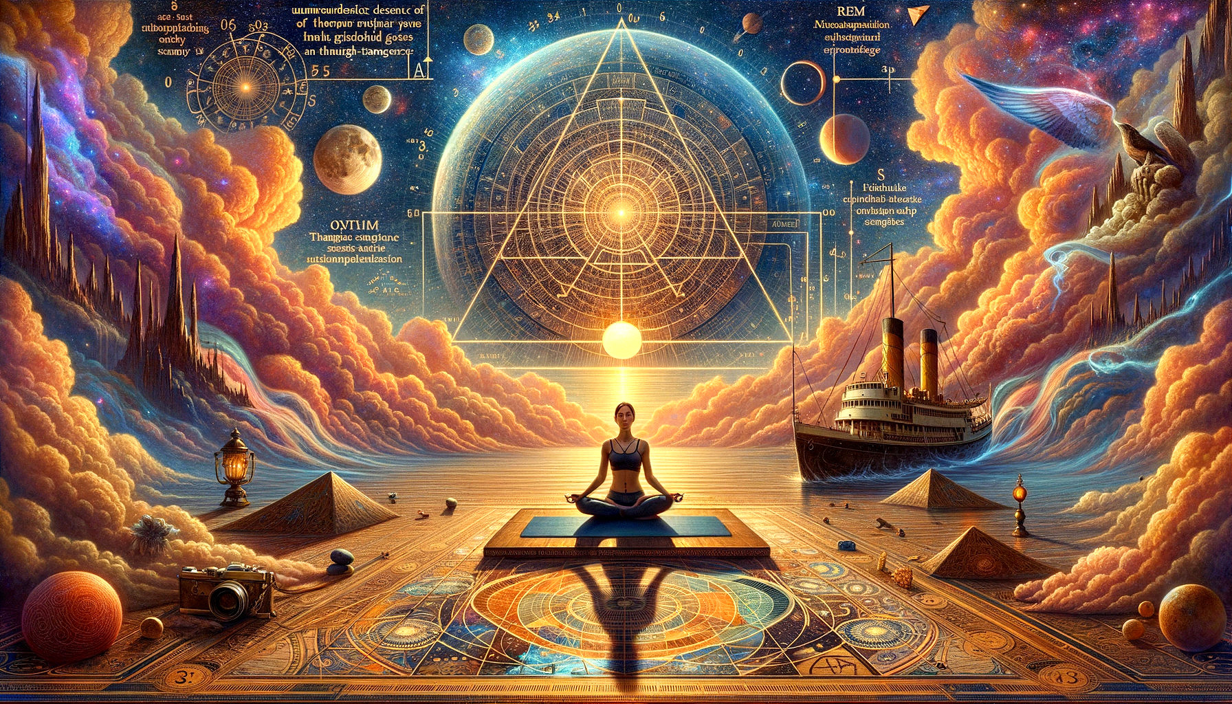 Meditative Figure in Cosmic Landscape with Geometric Patterns