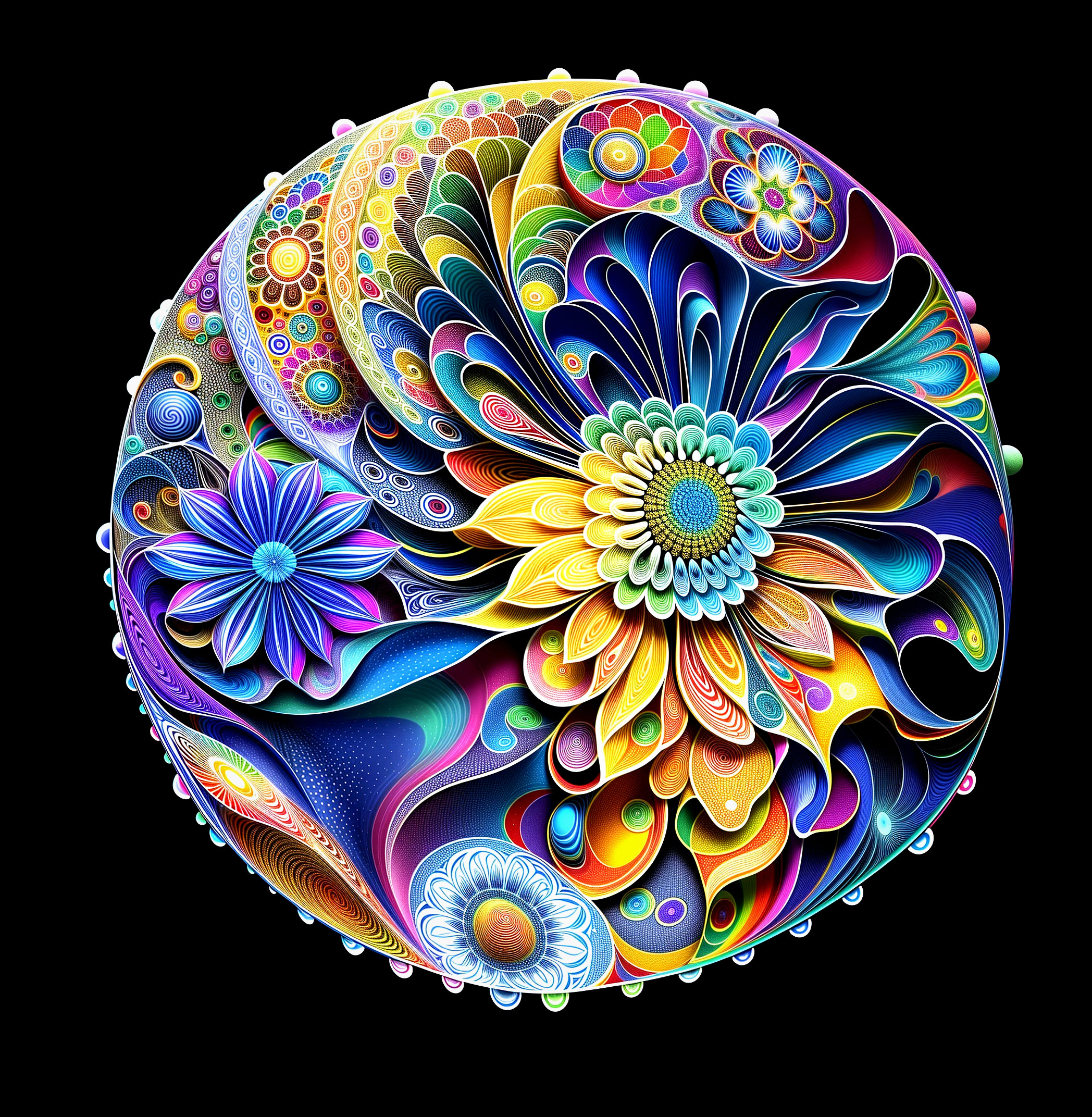 Vibrant Circular Floral Pattern on Black Background