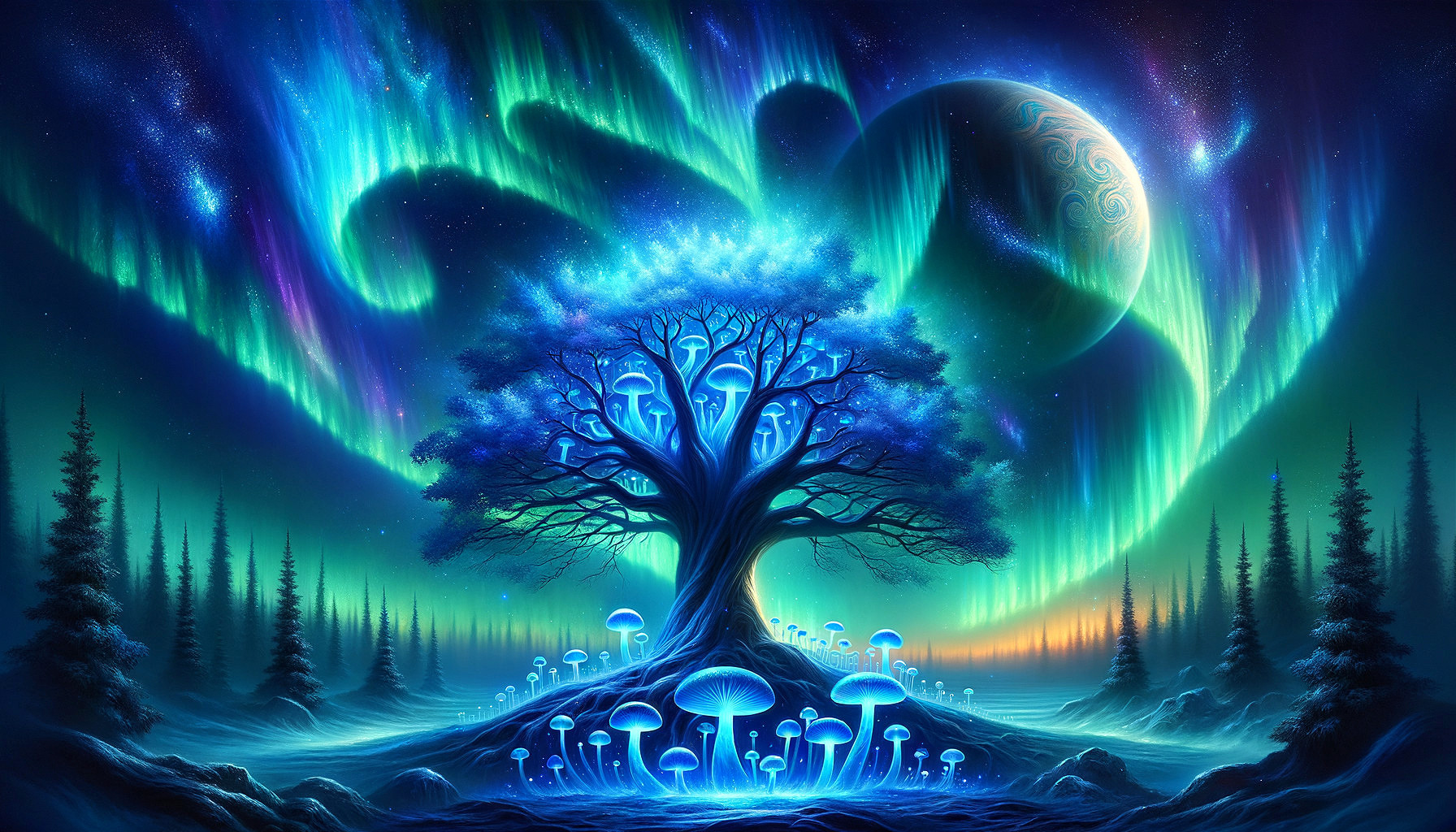 Majestic tree with blue hues in a surreal landscape