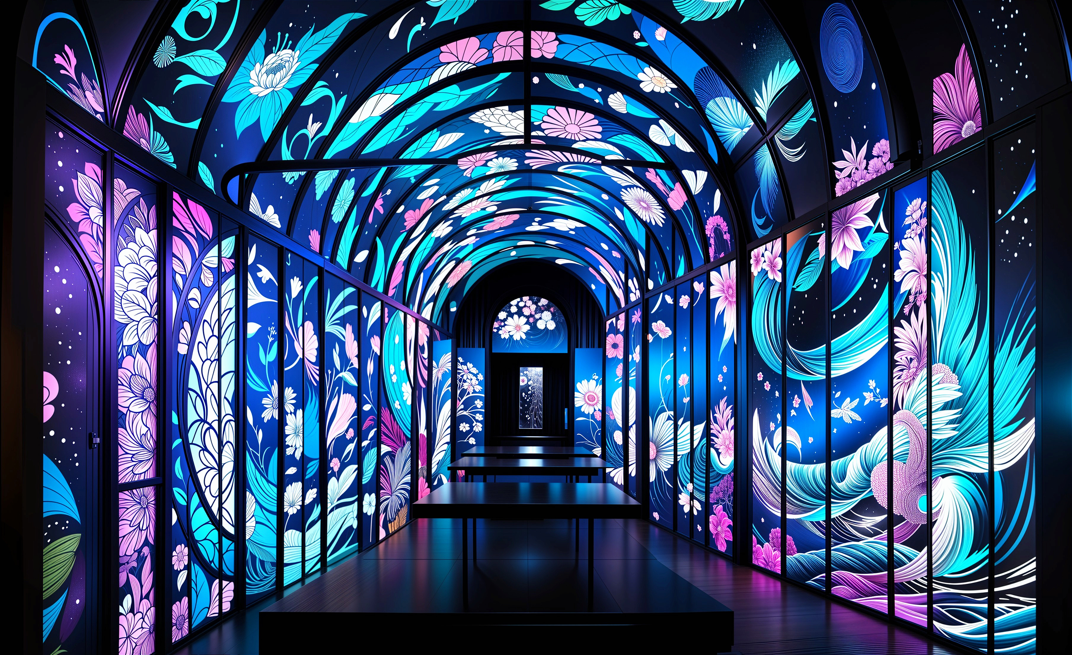 Illuminated Corridor with Floral and Abstract Designs