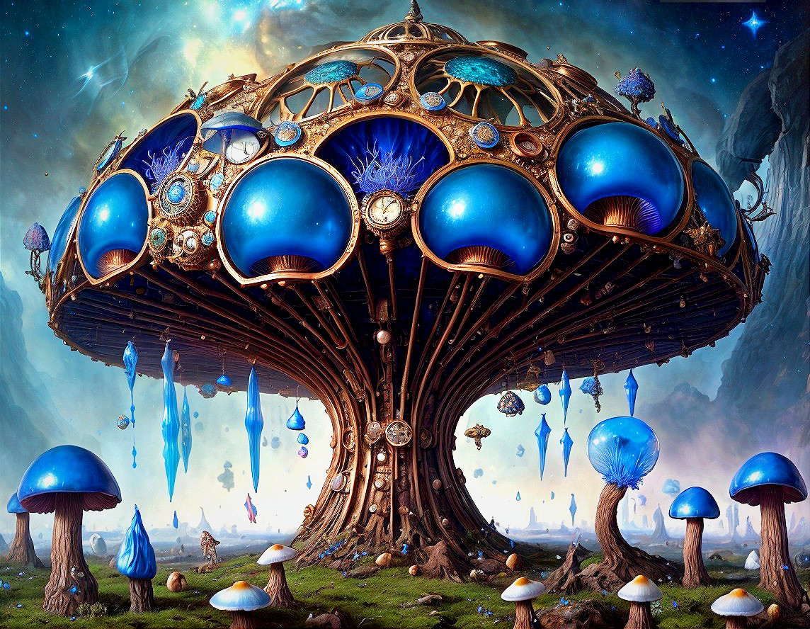 Fantastical tree with blue orbs in dreamlike landscape