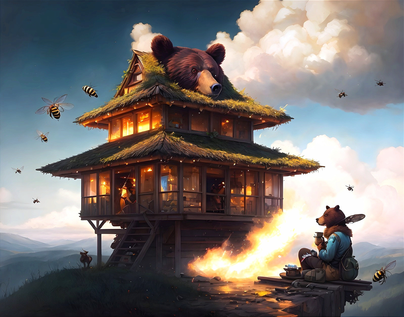 Cozy Wooden House with Bear Head and Bees at Sunset
