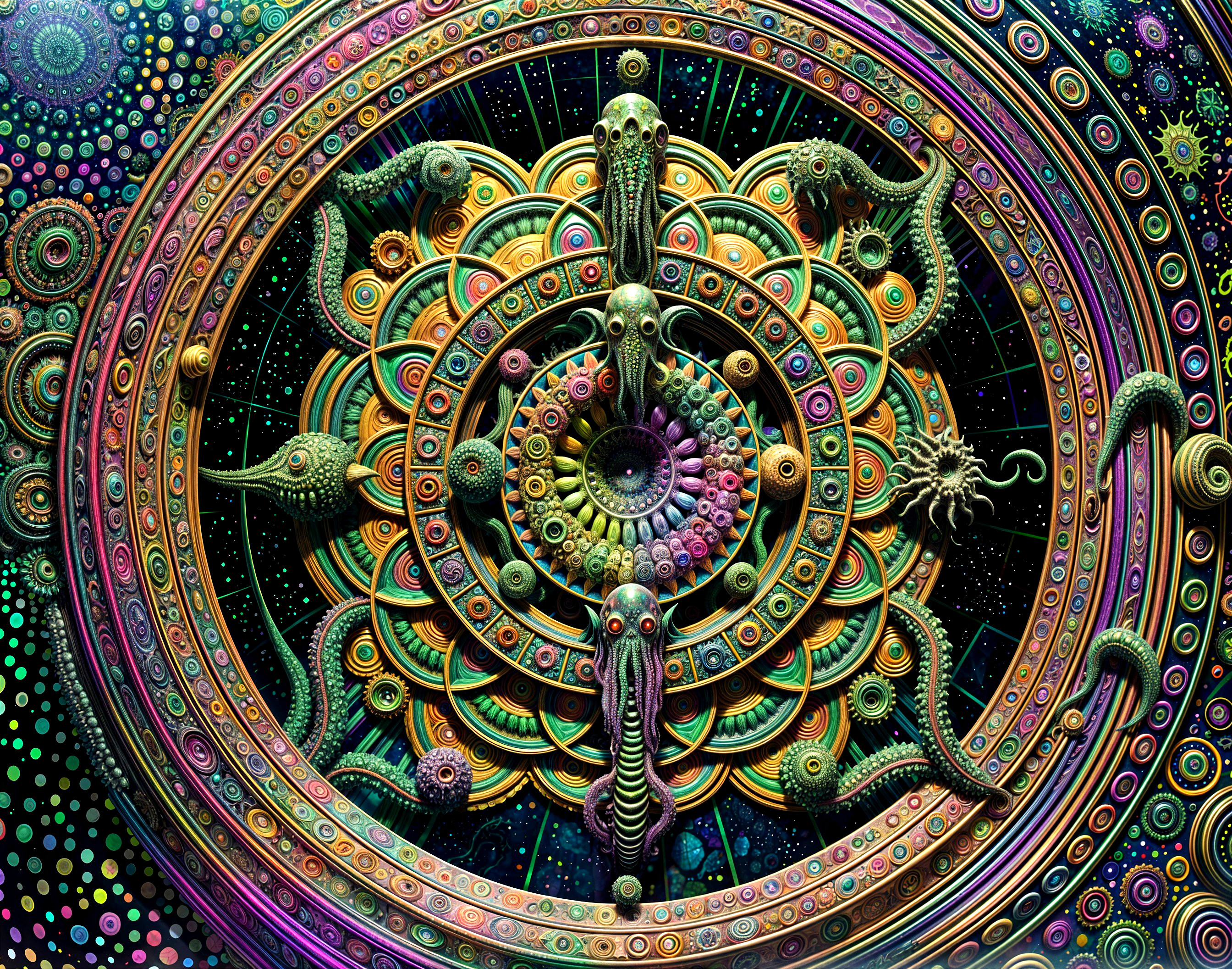 Vibrant Mandala with Cosmic Elements and Patterns