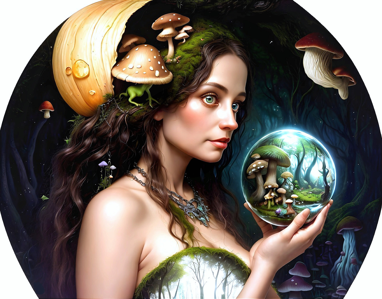 Mystical Woman in Forest with Crystal Ball and Foliage