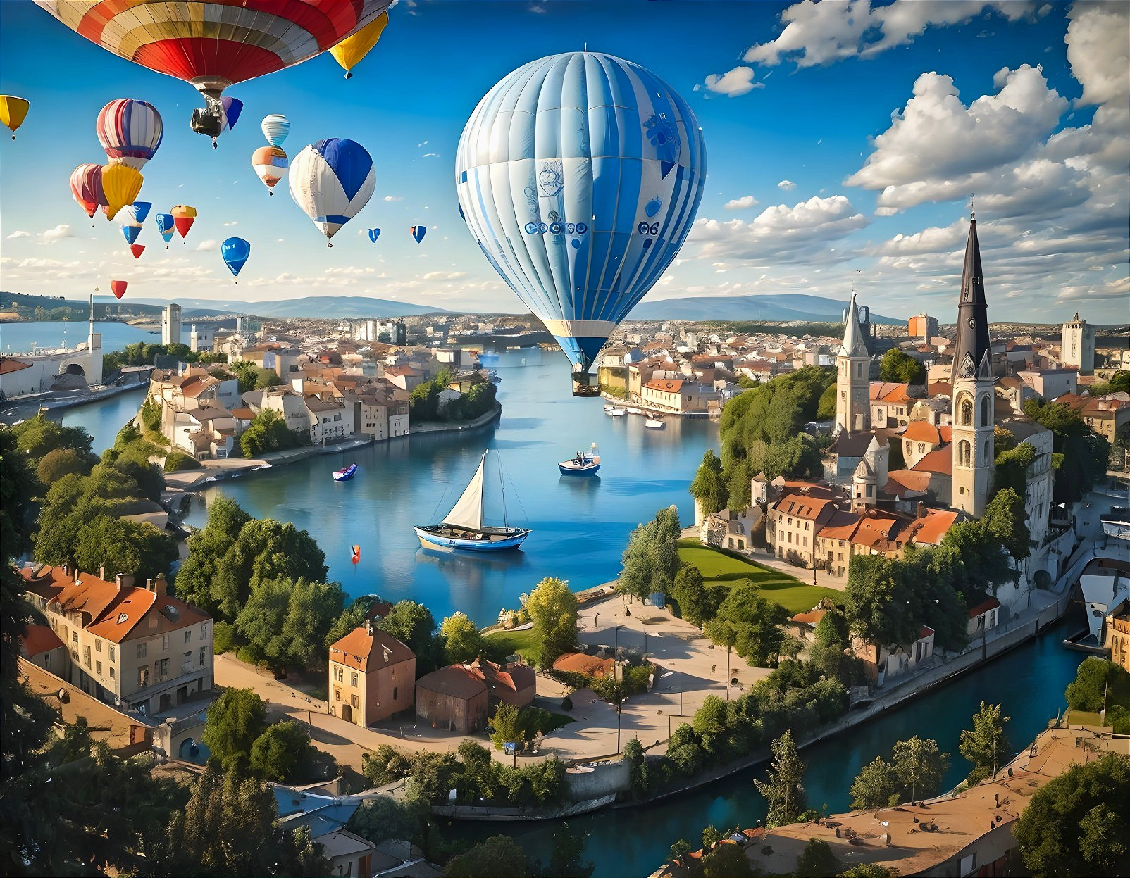 Hot Air Balloons Over a Charming River Town