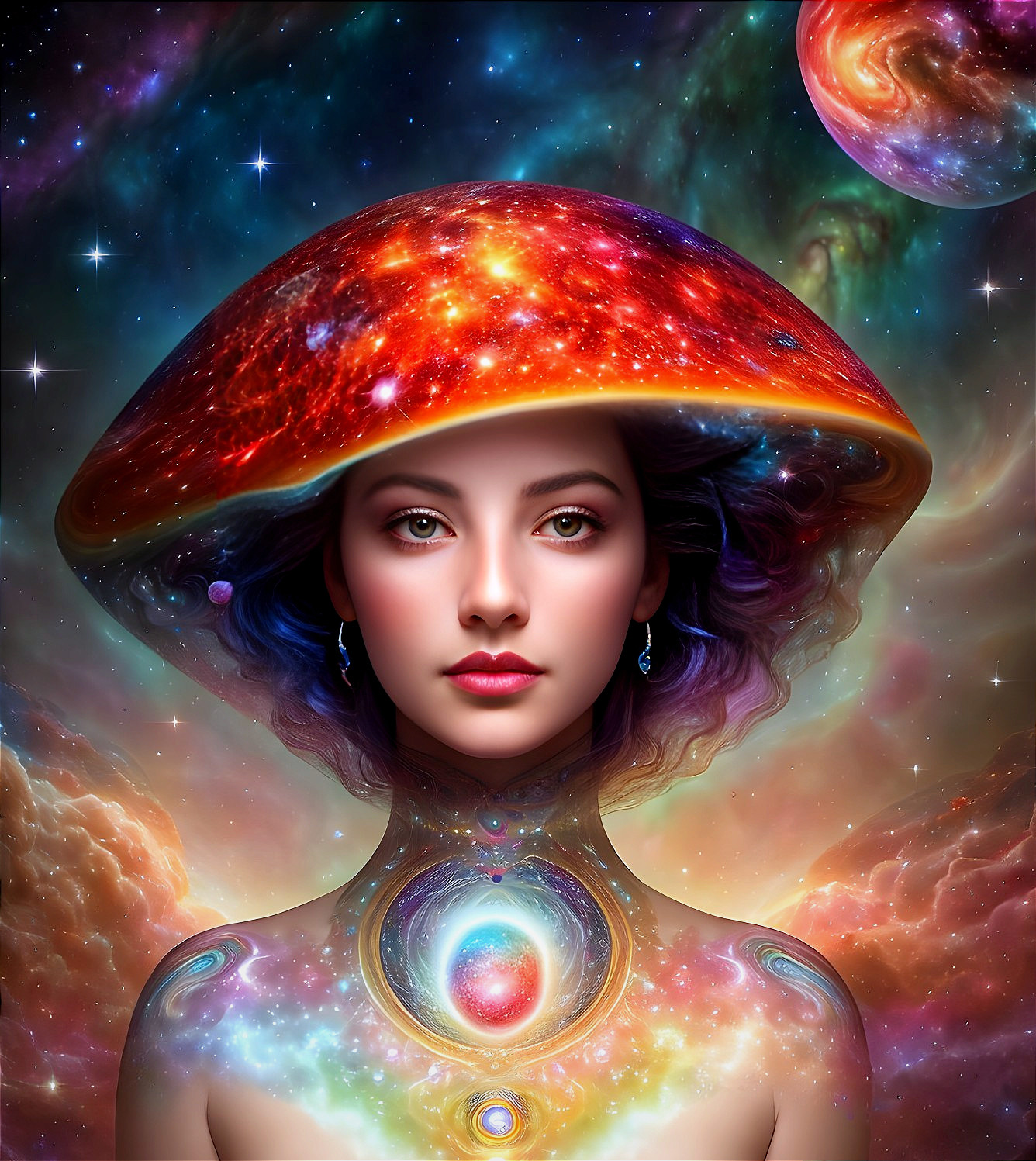 Surreal Woman with Galaxy-Themed Mushroom Cap