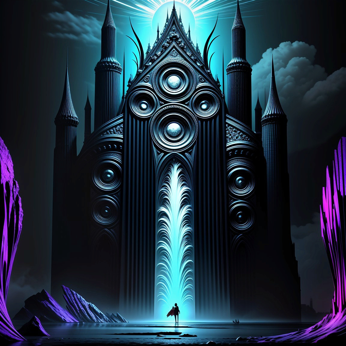 Dark Castle with Ethereal Blue Light and Spires