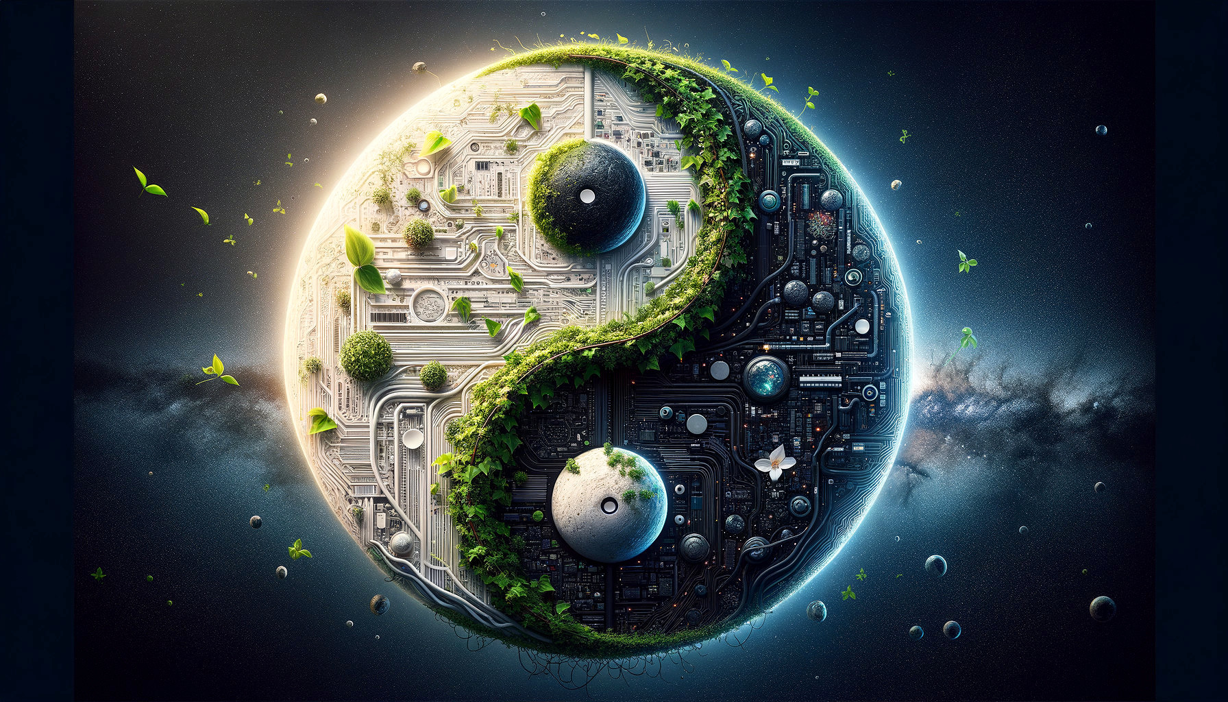 Yin-Yang Symbol Merging Nature and Technology Elements