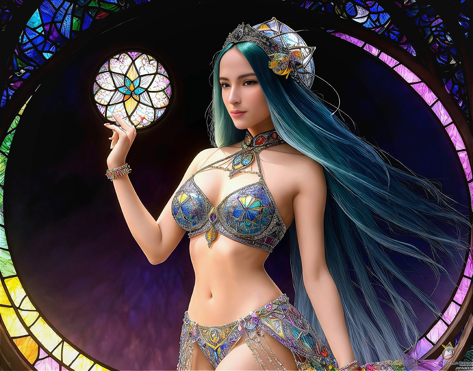 Mystical Figure in Colorful Attire by Stained Glass Window