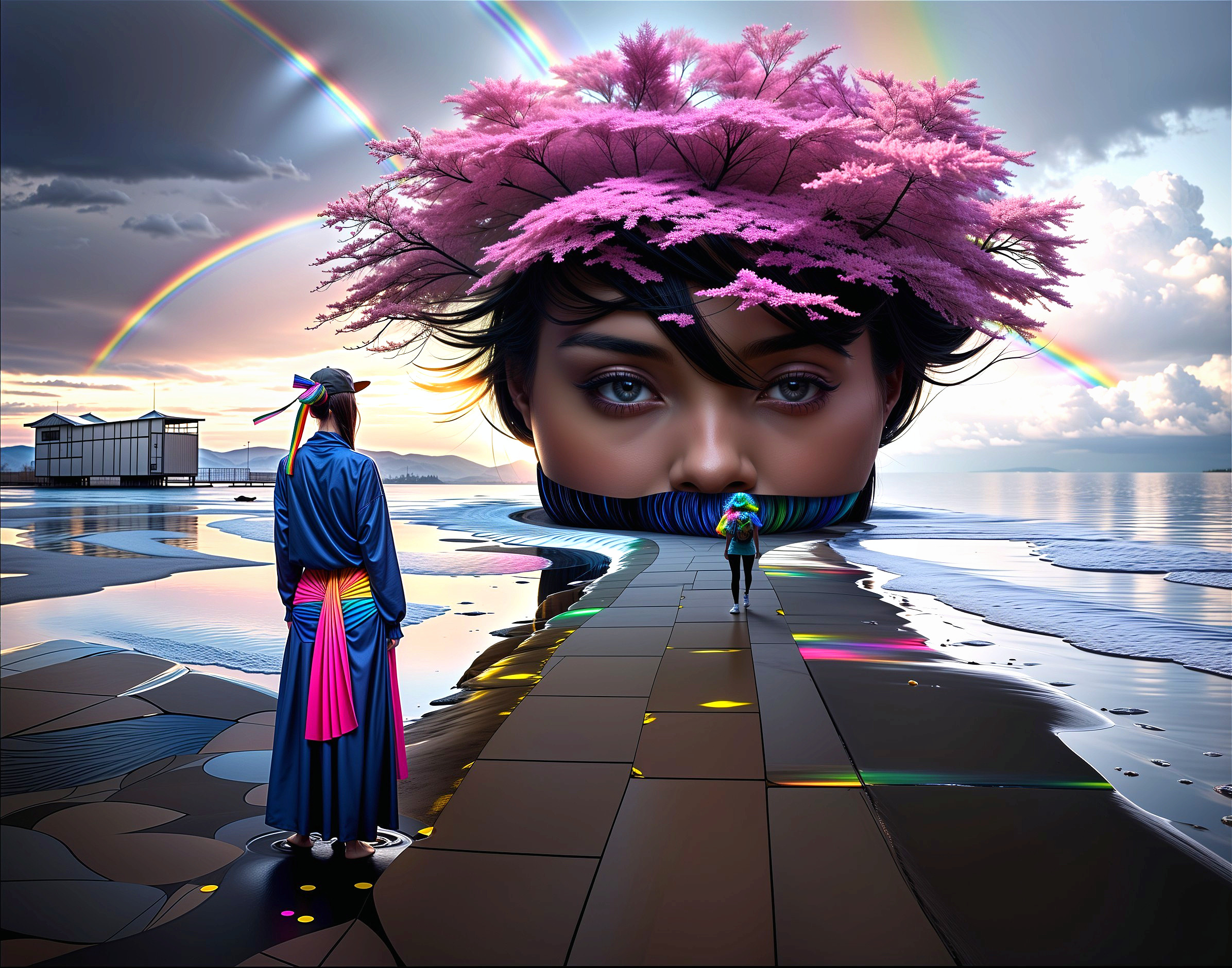 Surreal landscape with giant face and vibrant flowers