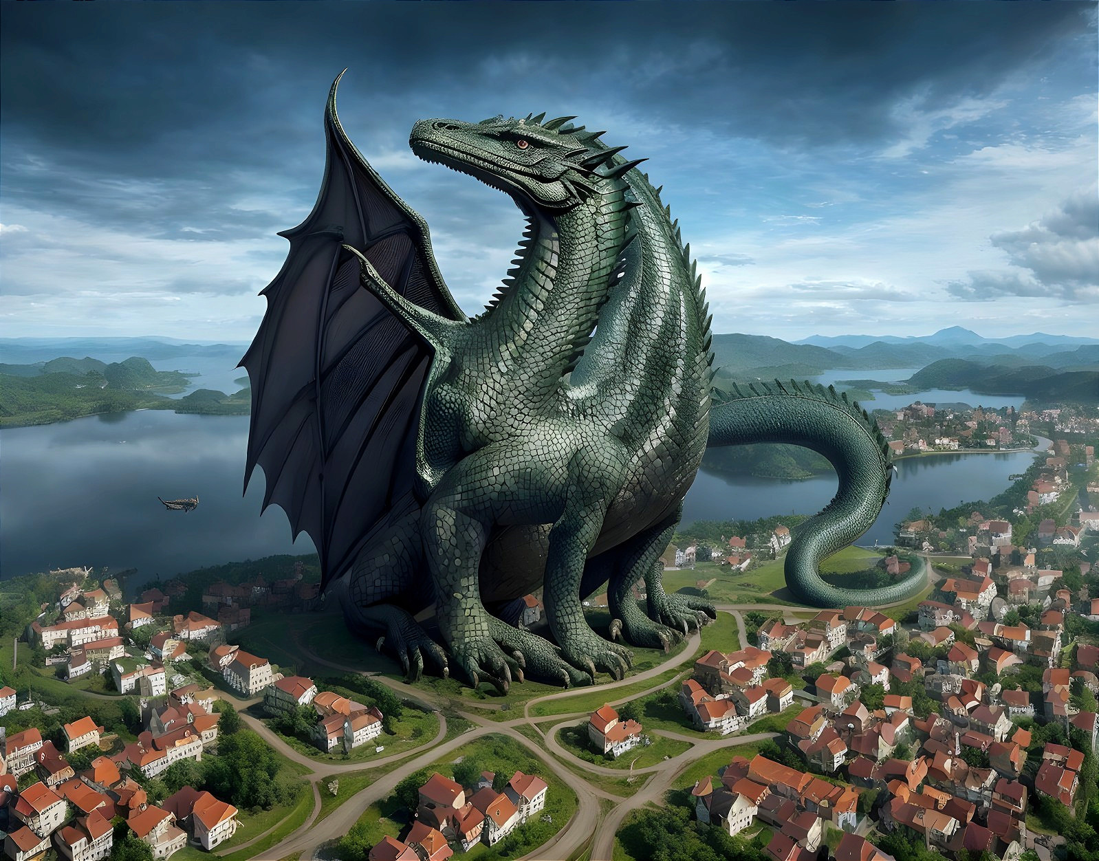 Colossal Dragon Overlooks Village by Shimmering Lake