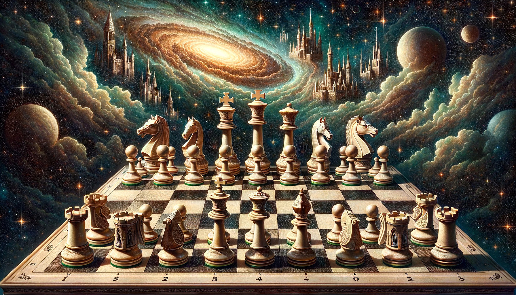 Chessboard Set in Cosmic Background with Crafted Pieces