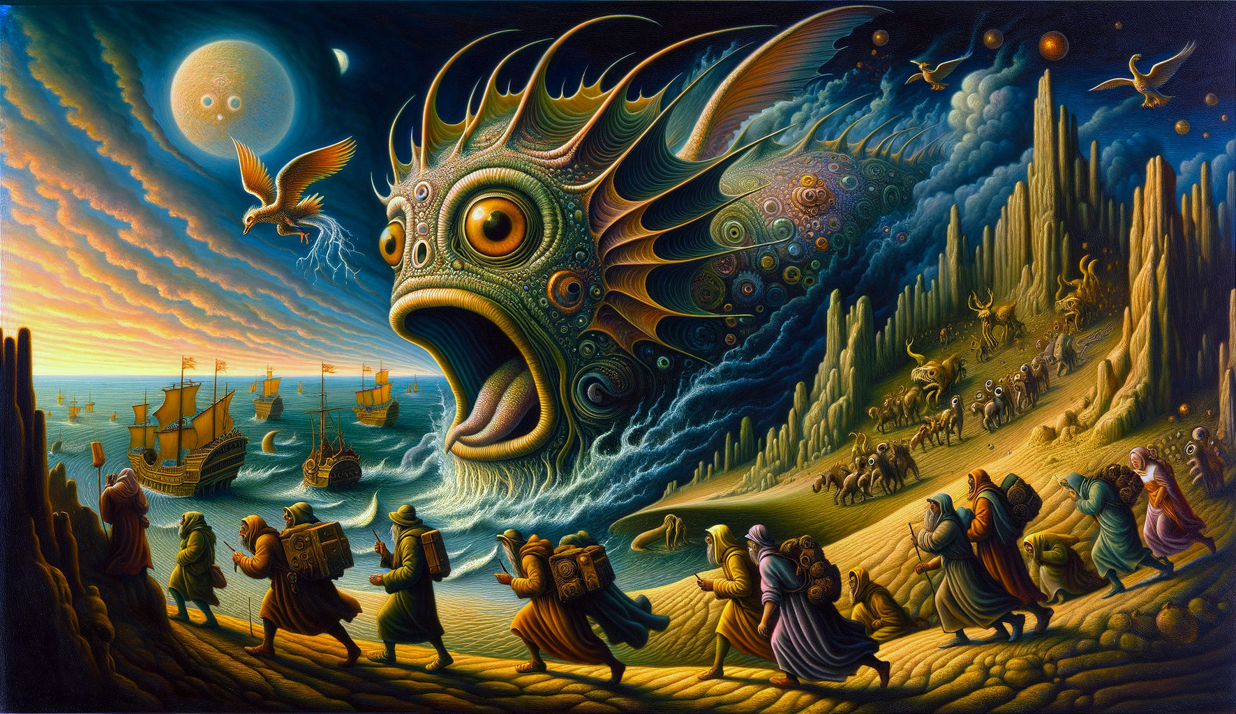 Surreal Landscape with Giant Fish and Travelers