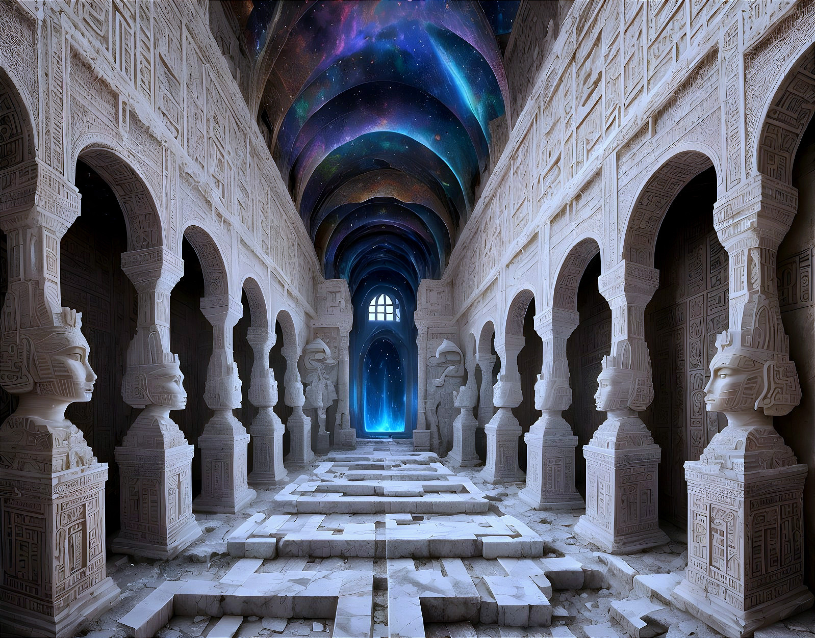 Ancient Grand Hall with Cosmic Mural and Pillars