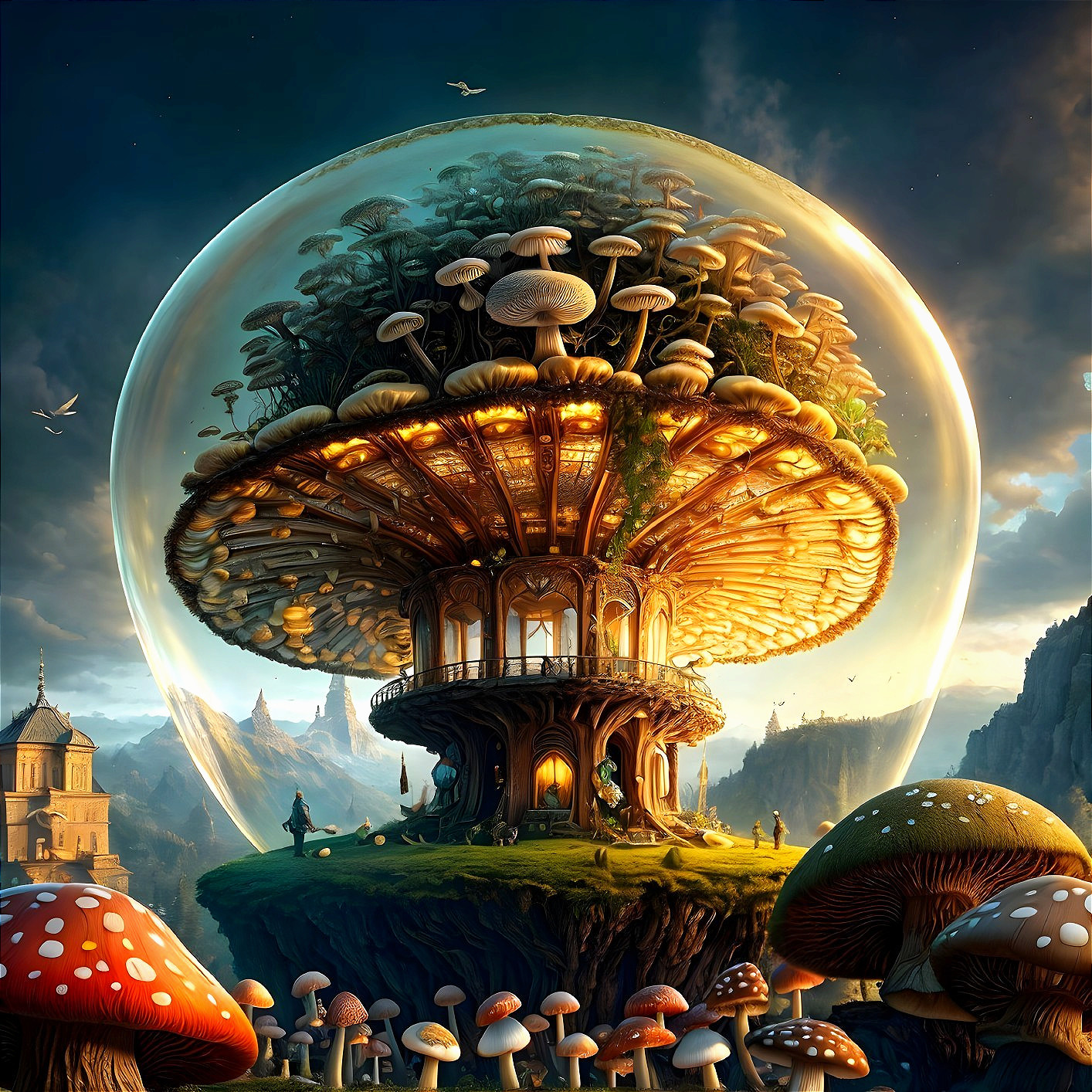 Mushroom-Shaped Treehouse on a Lush Hilltop