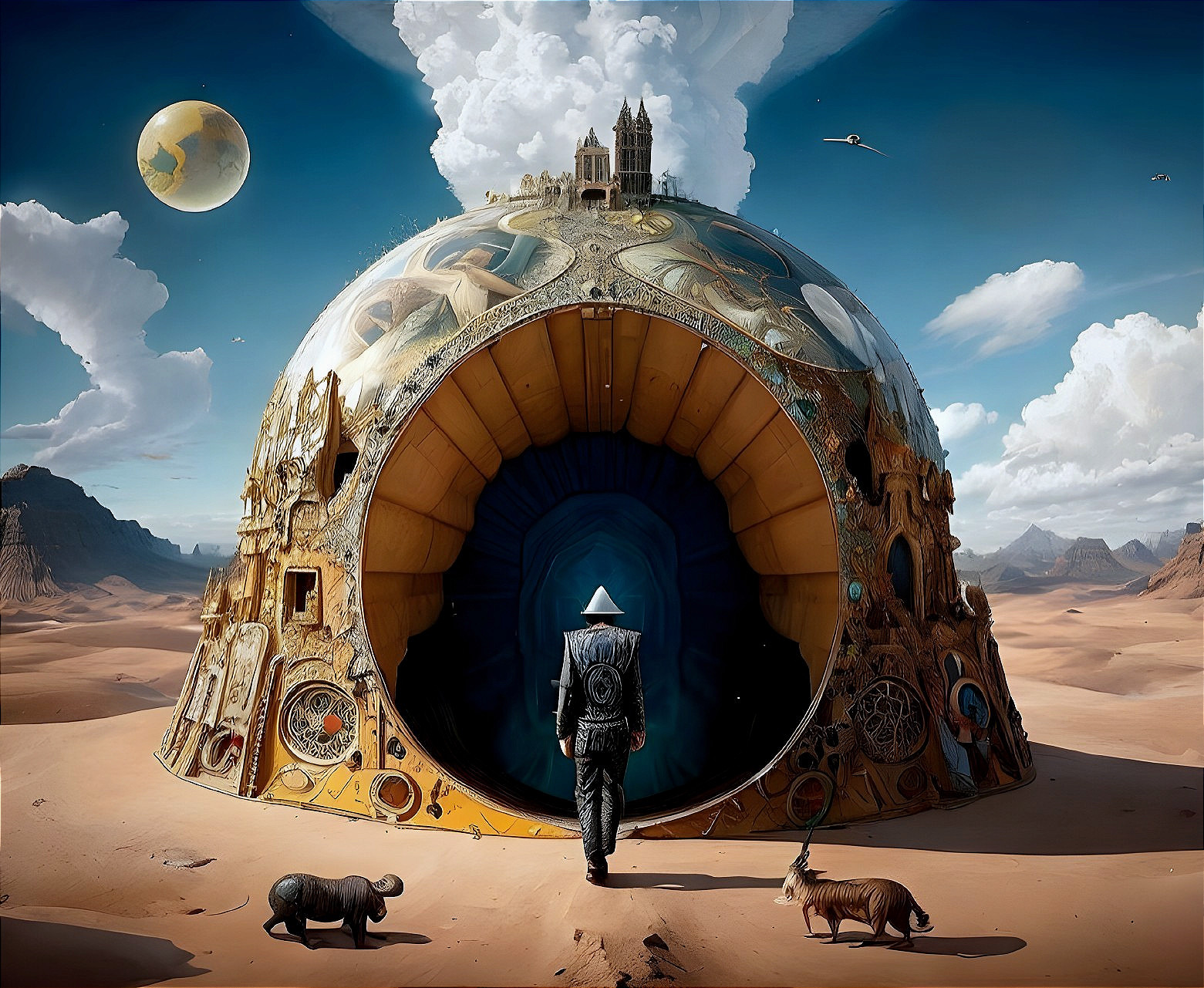 Desert Scene with Futuristic Steampunk Dome and Animals