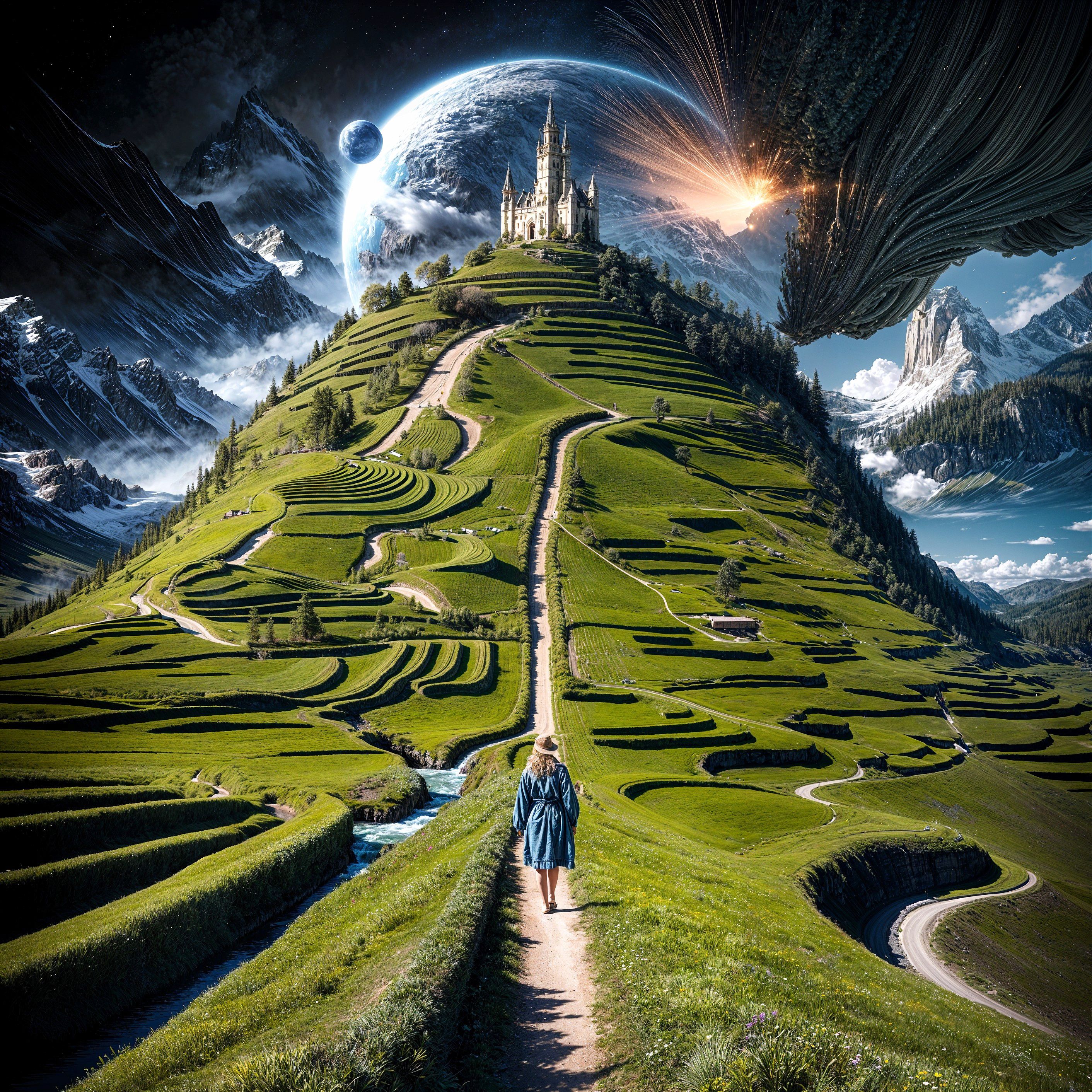 Winding Path through Terraced Fields and Castle View