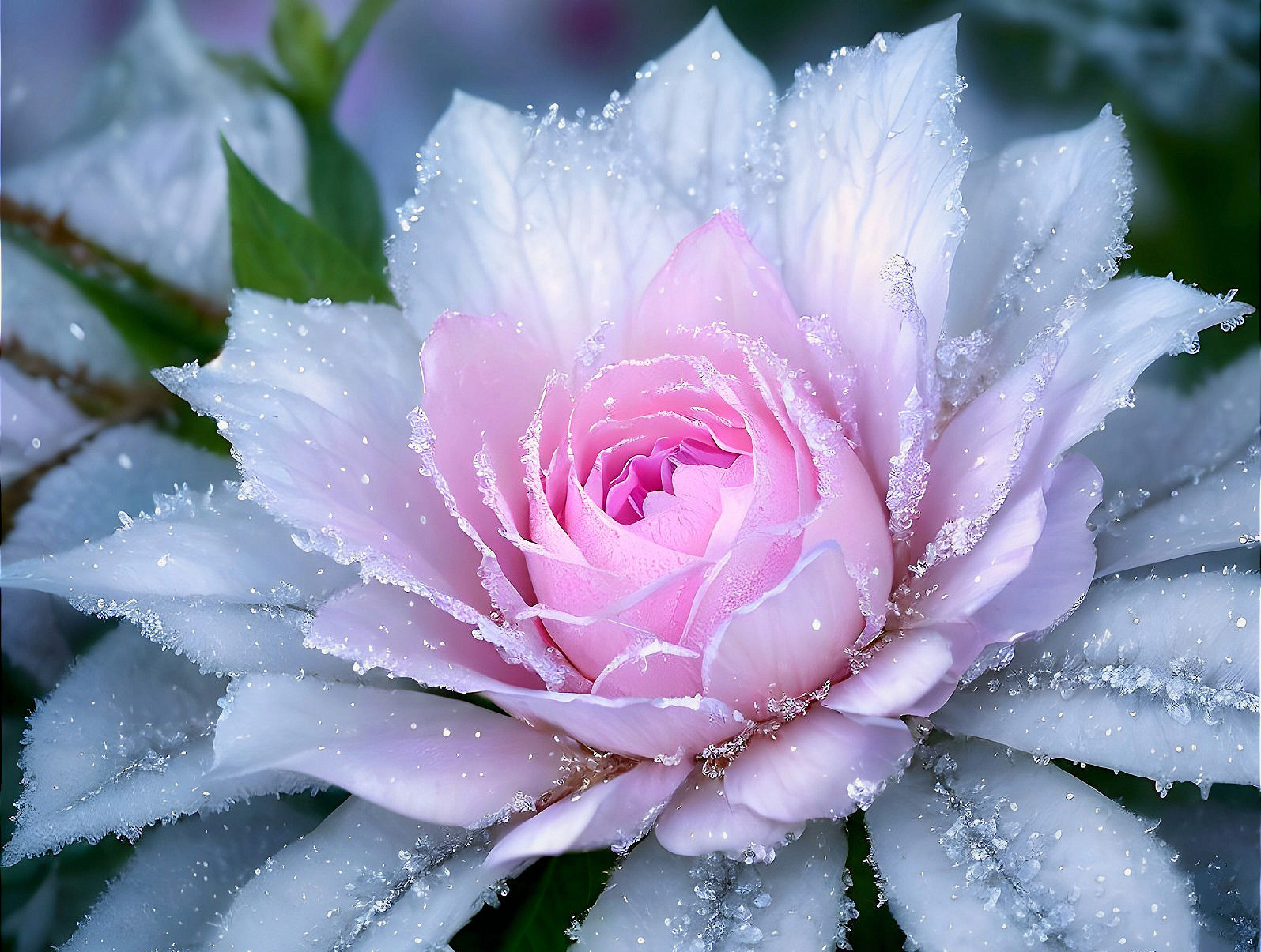 Pink Rose Surrounded by Silvery-Blue Leaves and Water Droplets