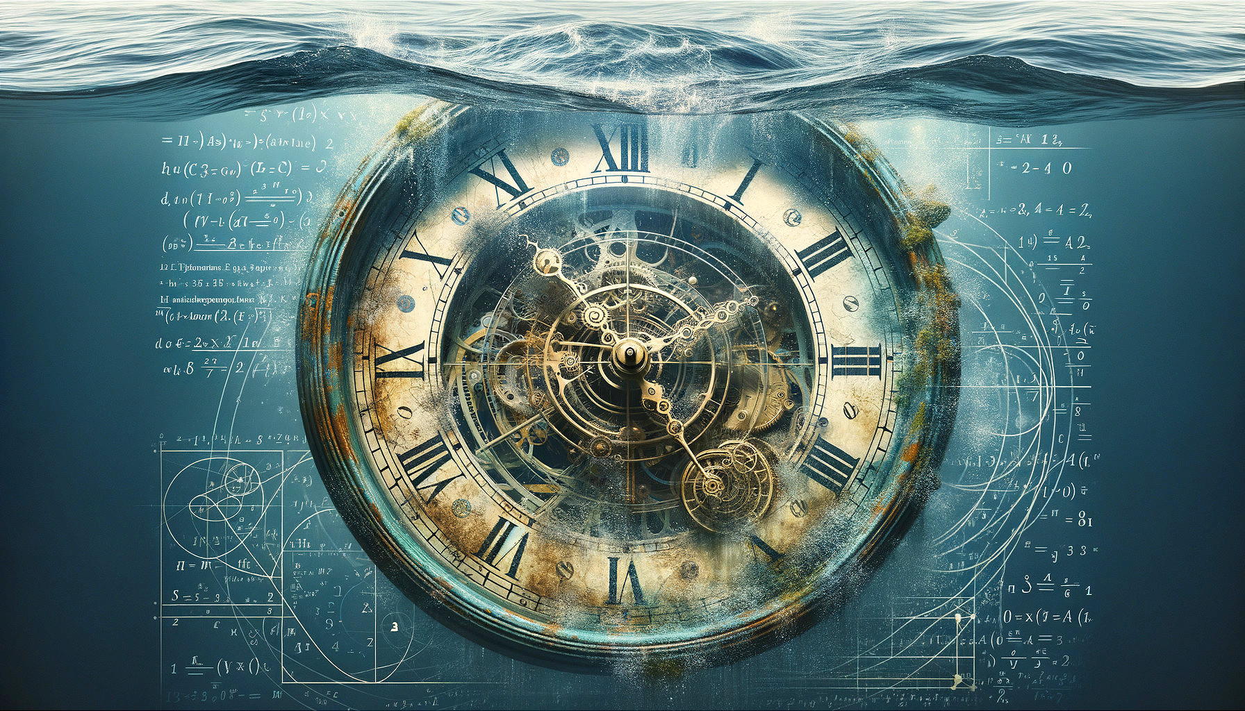 Antique Clock in Water with Mathematical Symbols
