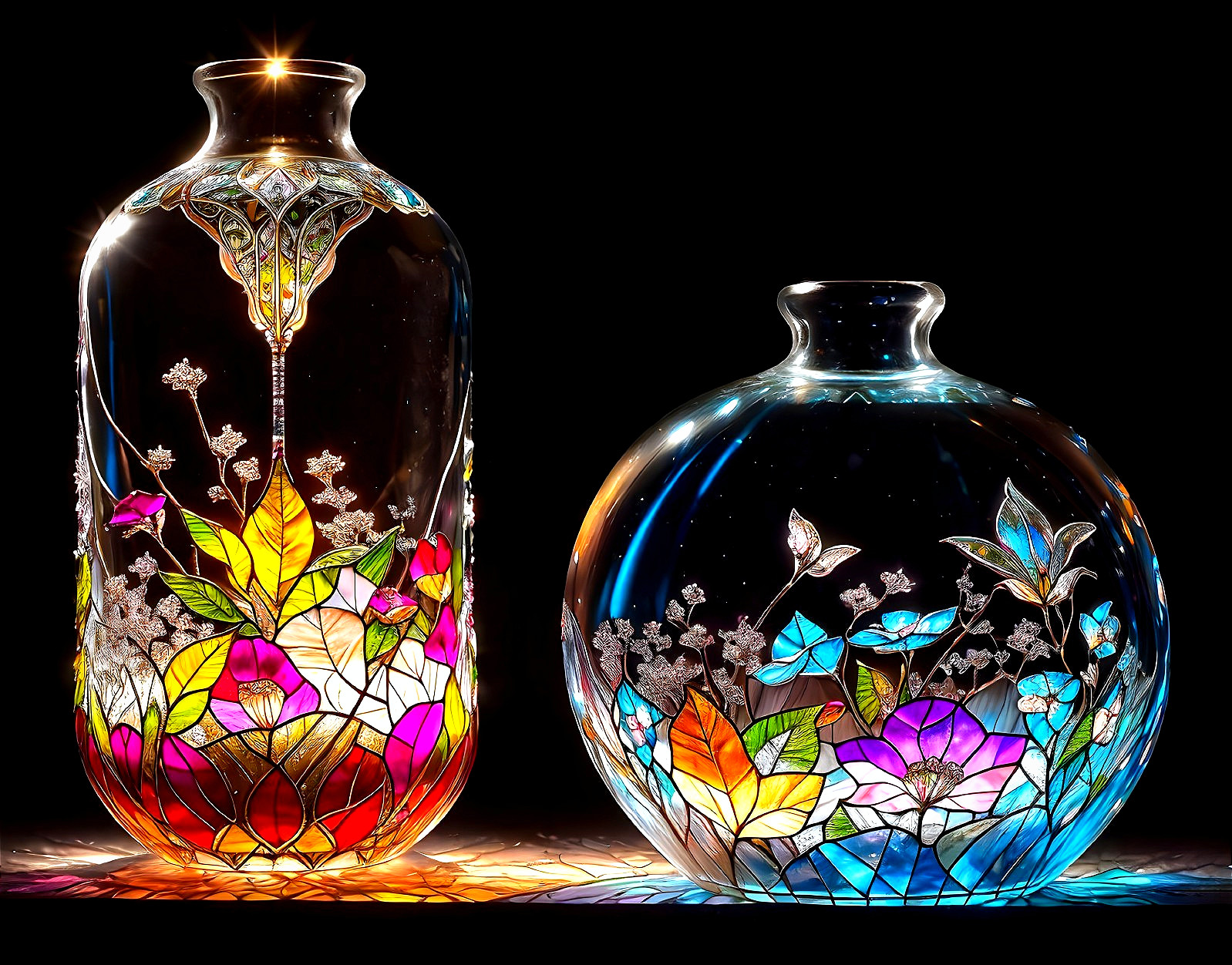 Intricately Designed Stained Glass Vases with Colorful Patterns