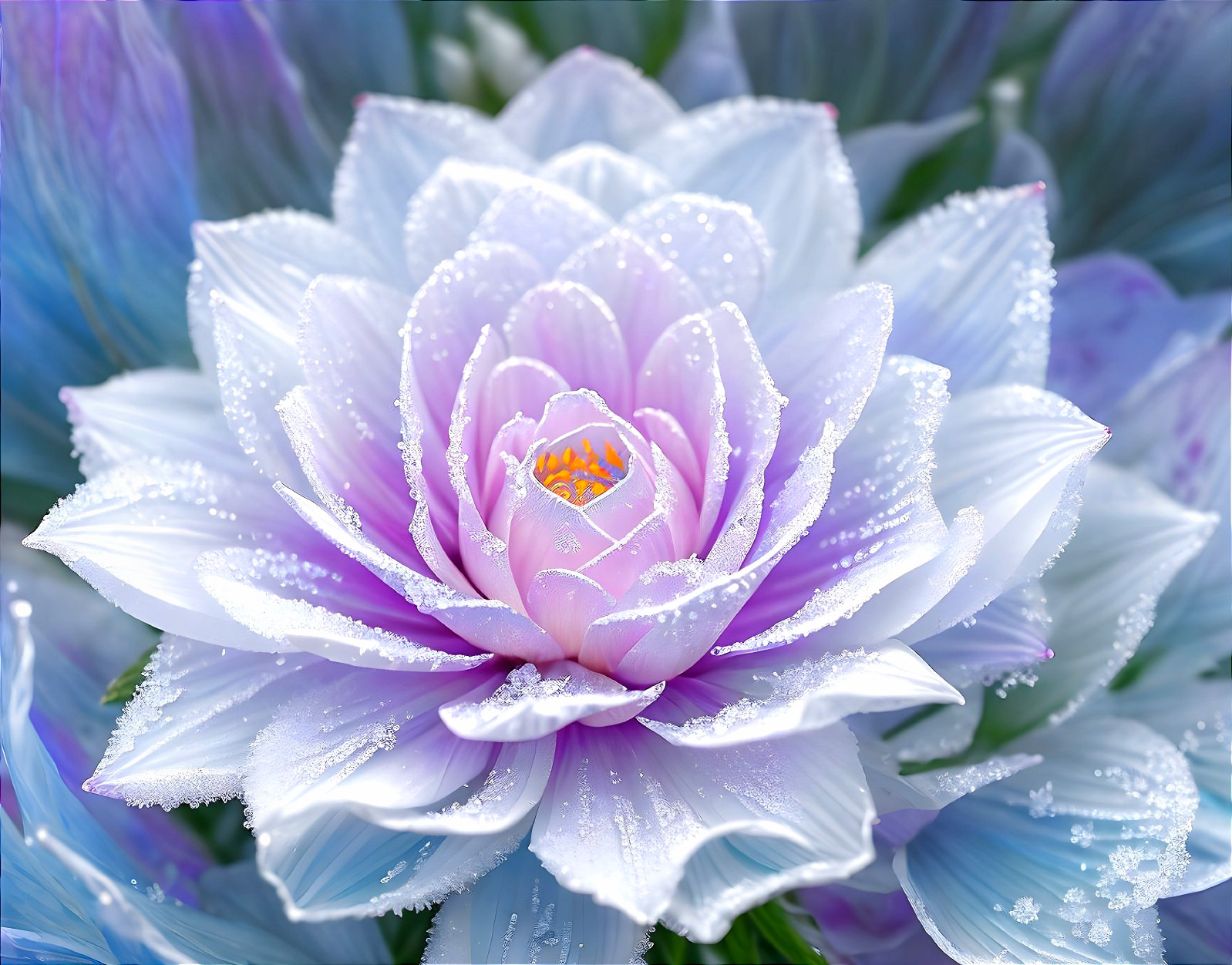 Lavender and Blue Flower with Dewdrops and Soft Pink Center