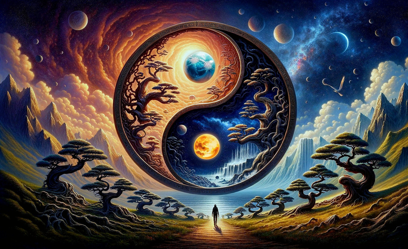 Vibrant Yin-Yang Symbol with Cosmic Elements