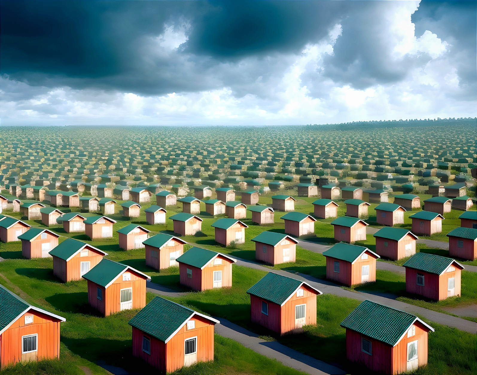 Red Cabins with Green Roofs in Rolling Hills Landscape