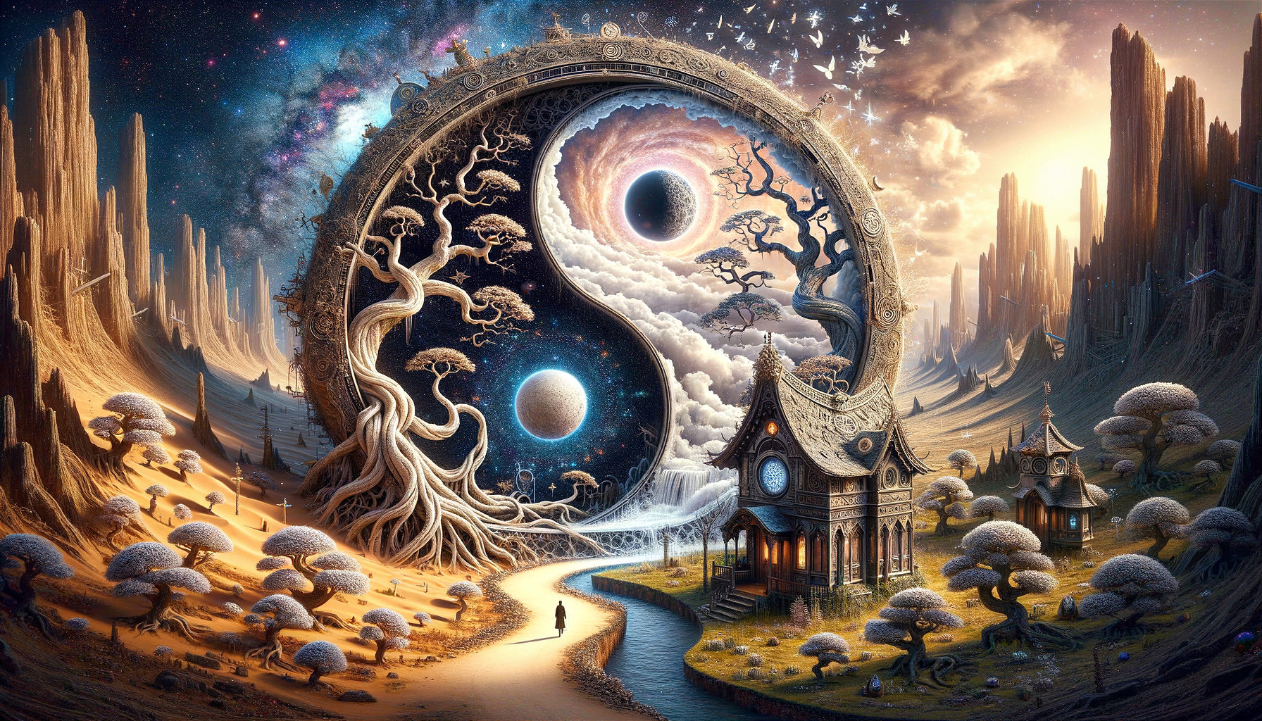 Ethereal Landscape with Yin-Yang Symbol and Nature Elements