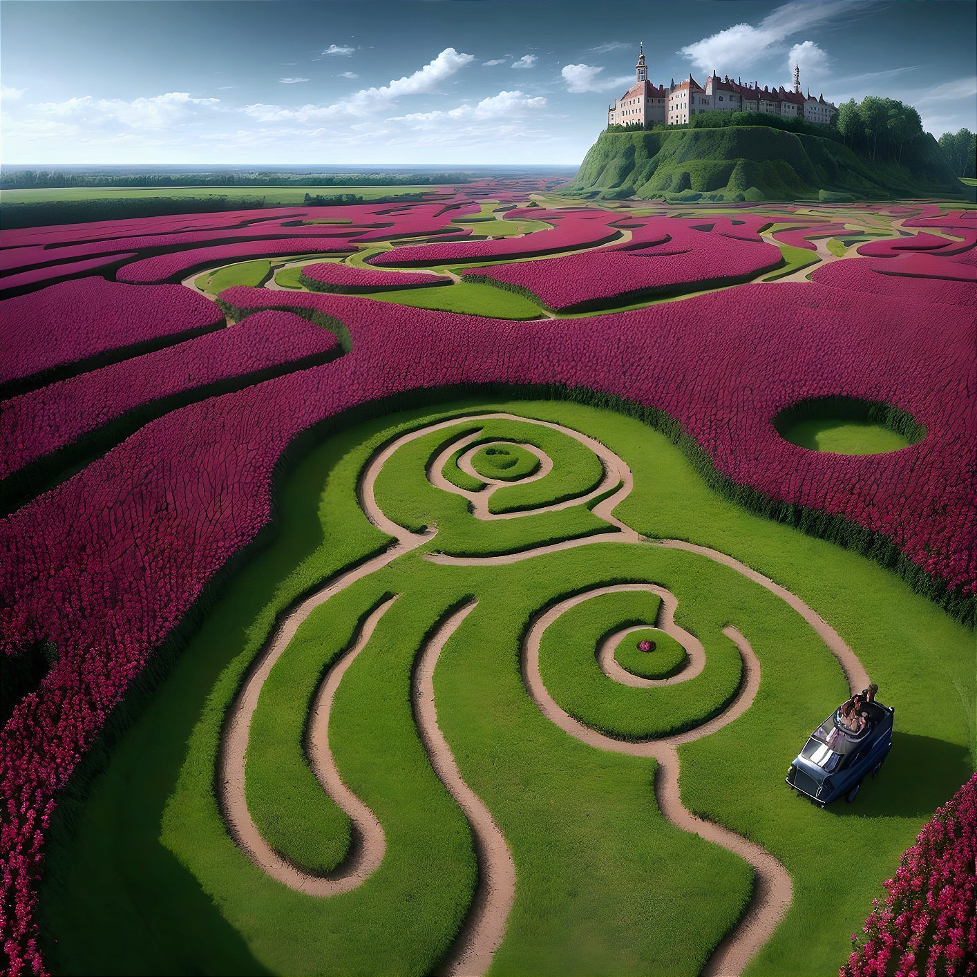 Aerial View of a Vibrant Hedge Maze and Castle