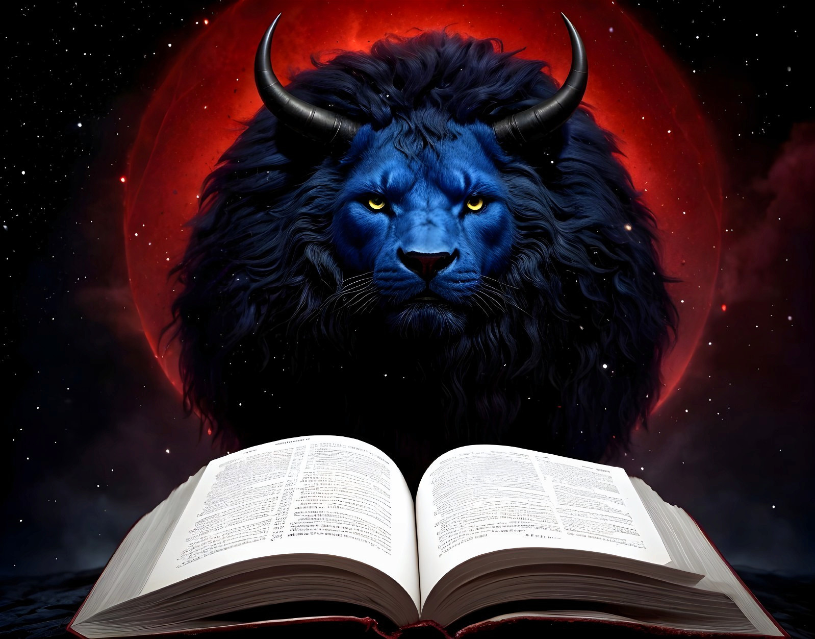 Lion with Blue Fur Against Cosmic Background and Book