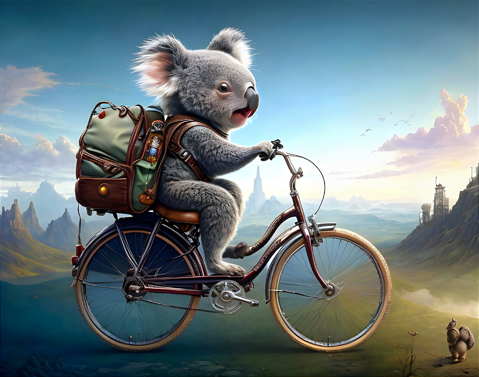 Koala Riding Bicycle in Vibrant Fantastical Landscape