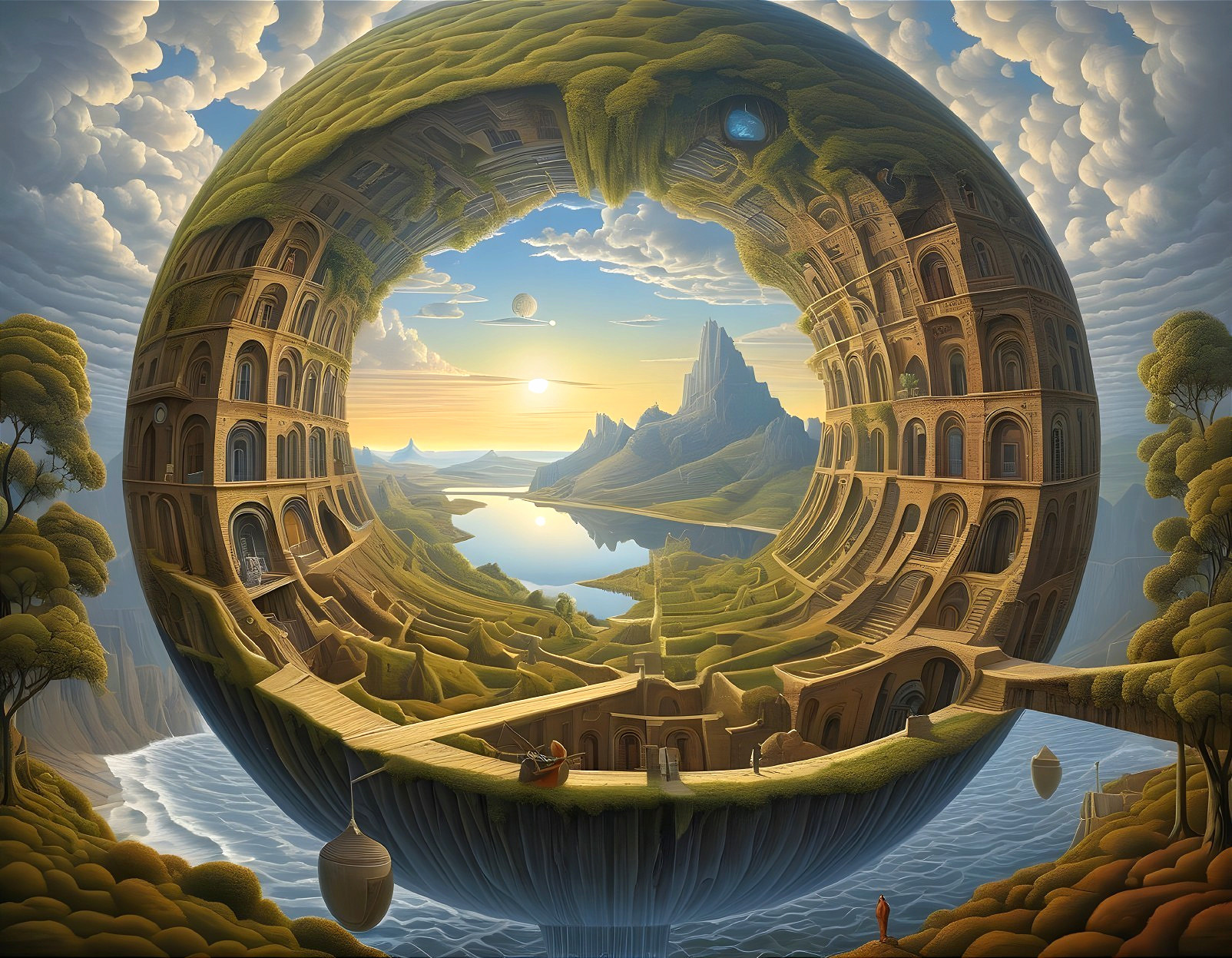 Surreal Landscape with Spherical Architectural Shell