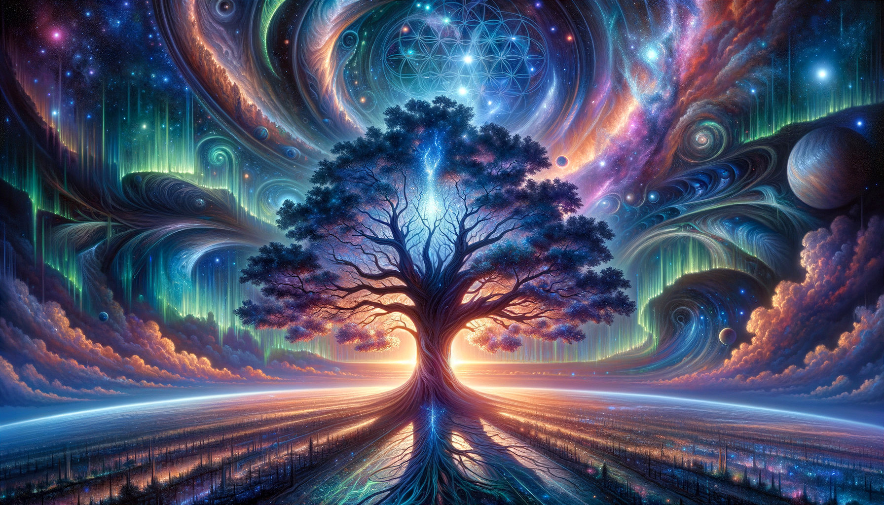 Majestic tree in a vibrant cosmic landscape