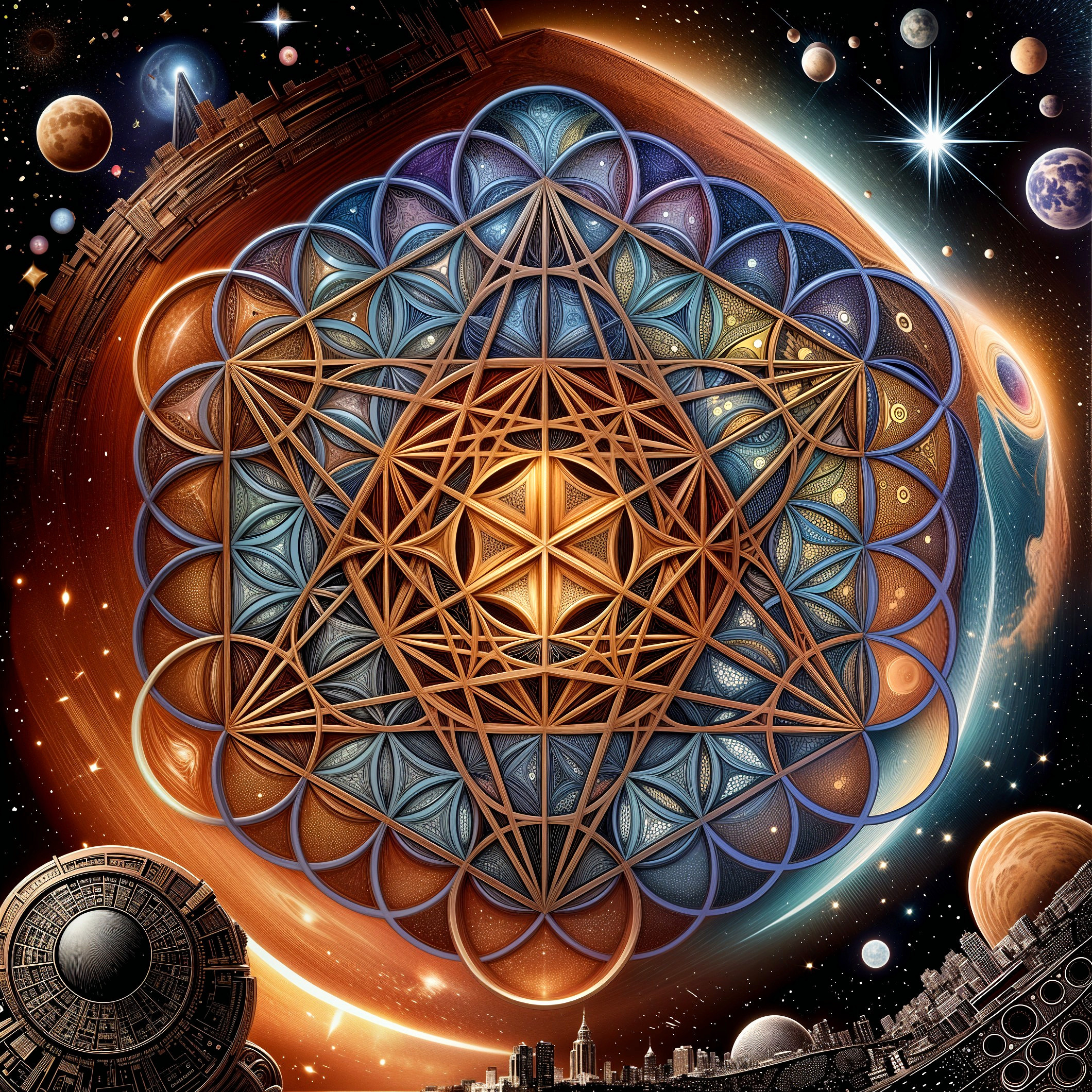 Cosmic Landscape with Geometric Flower of Life Design