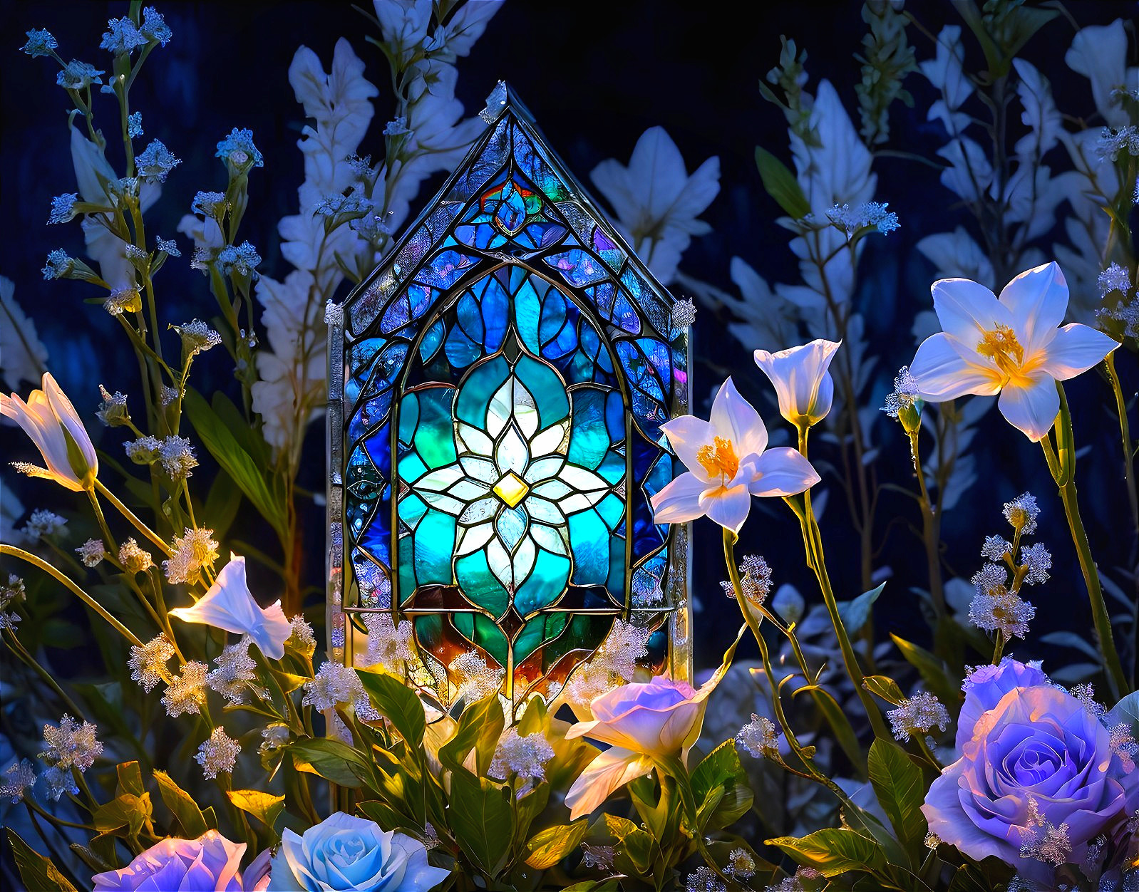 Intricate Stained Glass Window with Floral Designs