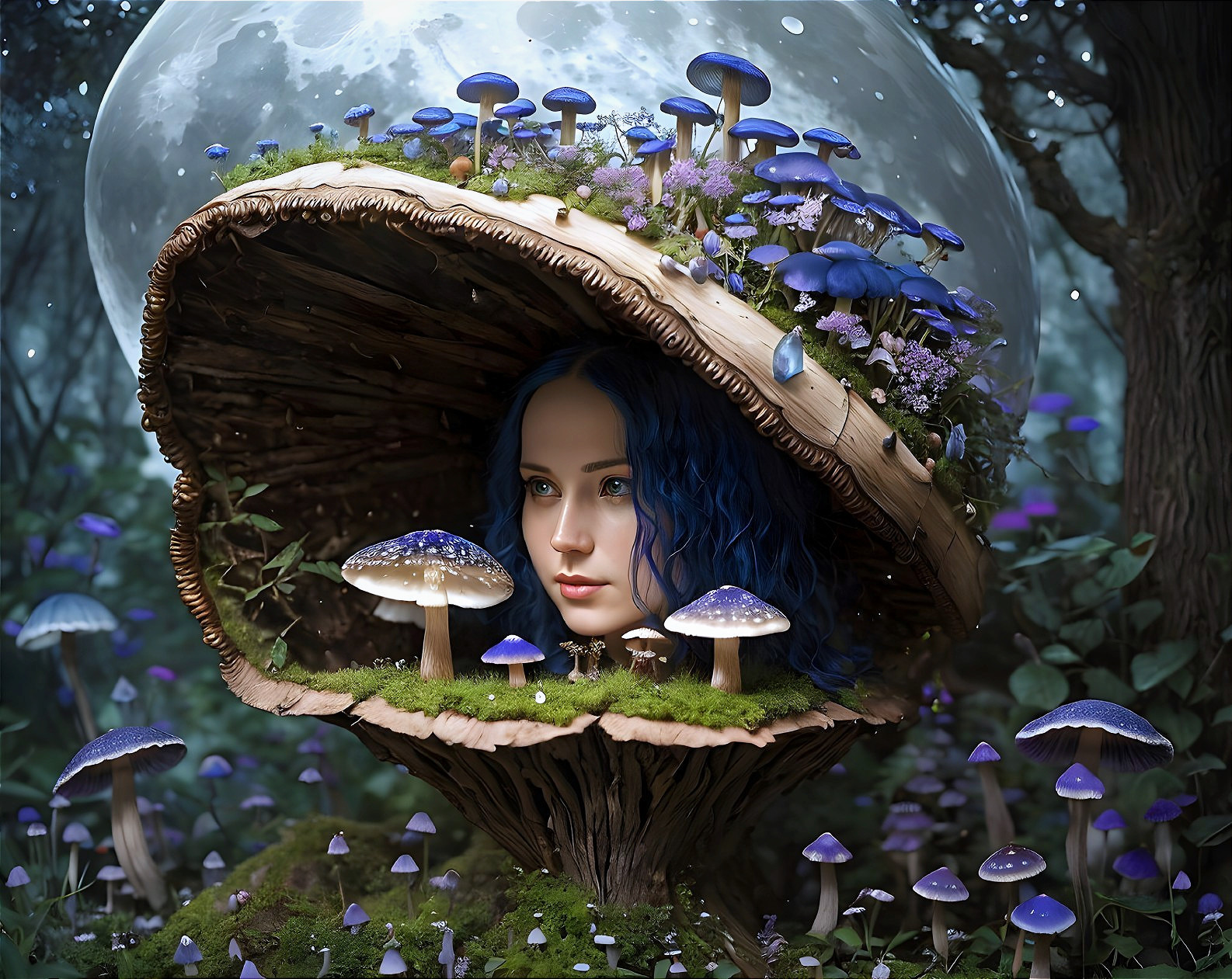 Surreal Scene of Giant Mushroom with Enchanted Forest