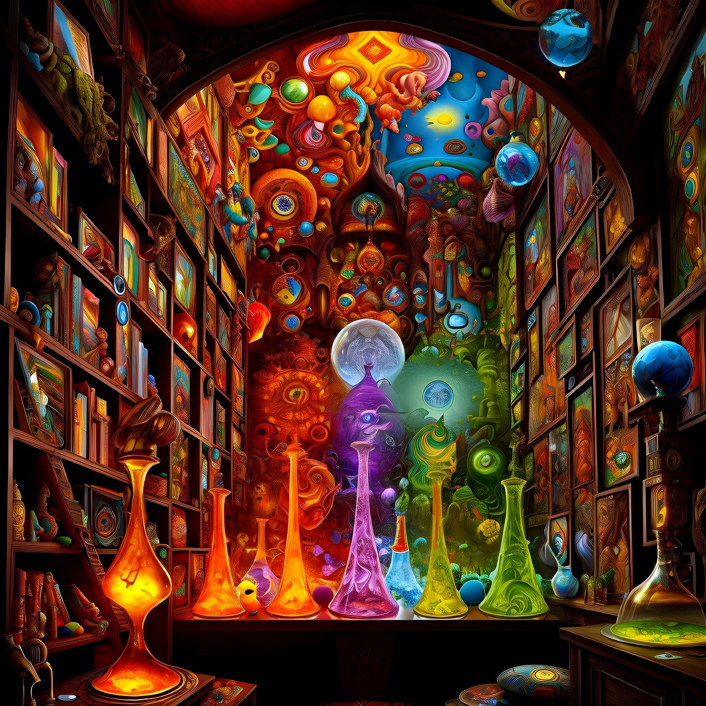 Alchemist's Laboratory with Colorful Potions and Artifacts