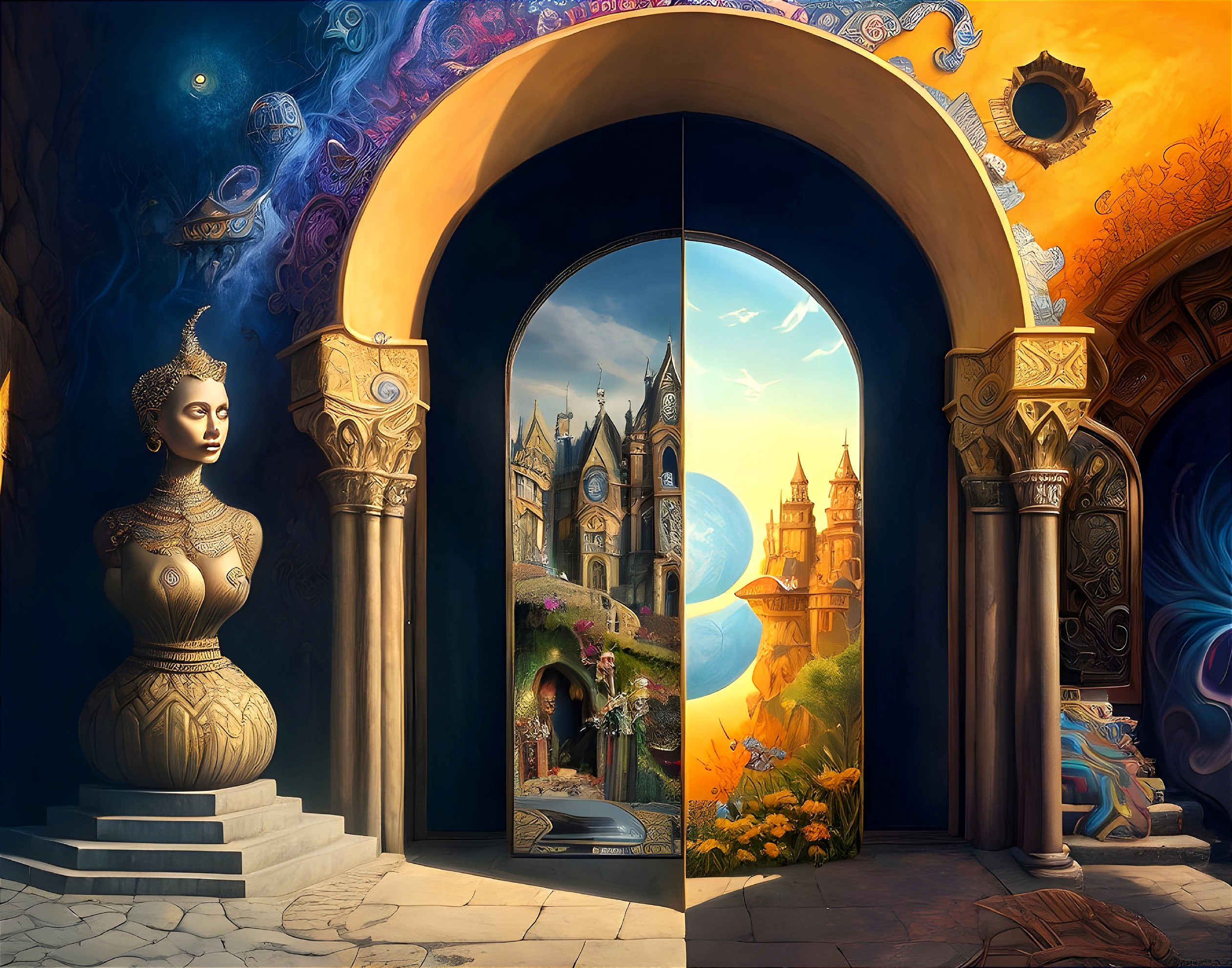 Grand Archway Between Colorful Castle and Dark Realm