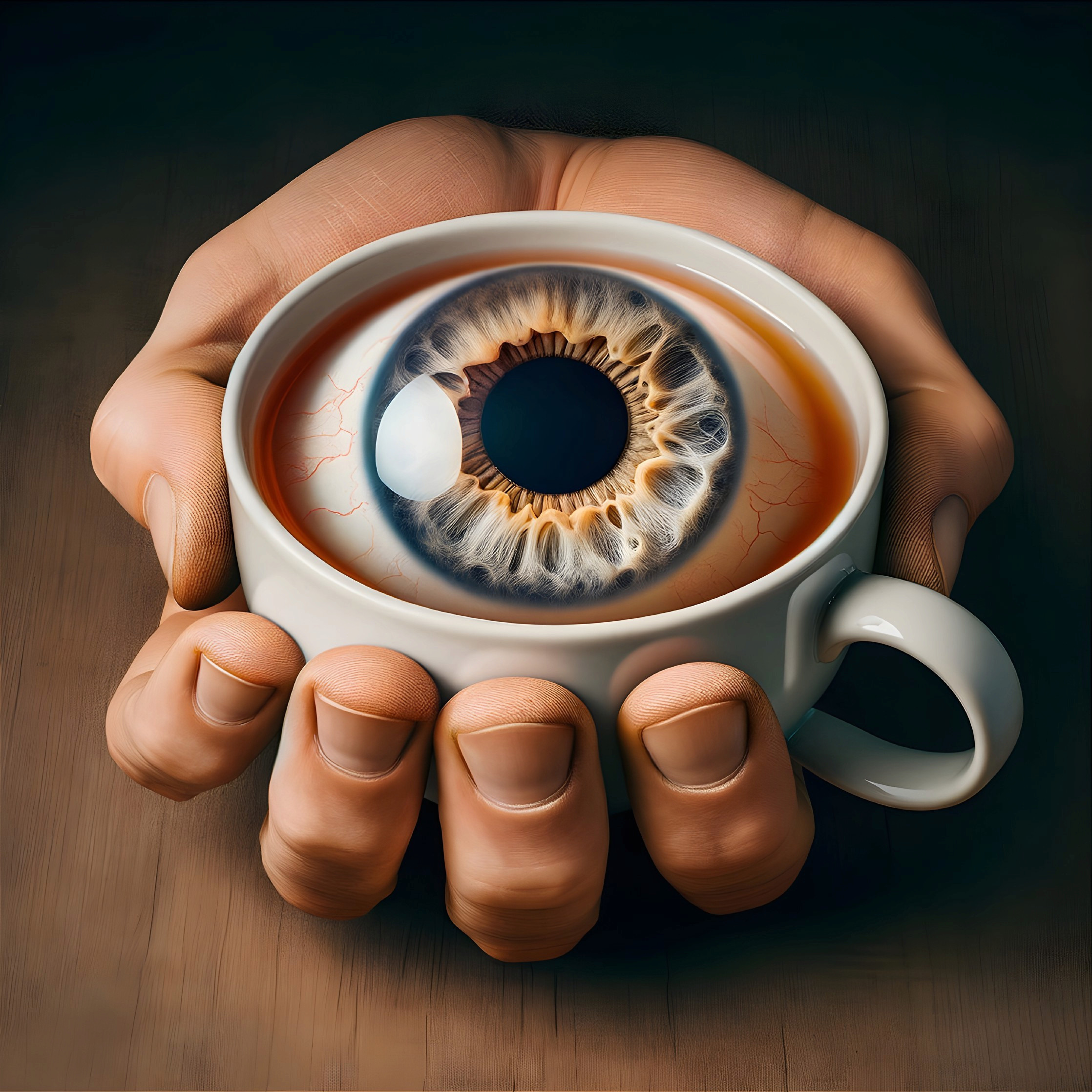 Human Hands Holding a Cup with a Human Eye Inside