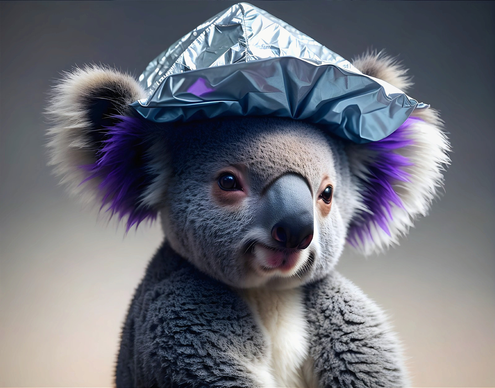 Koala with Metallic Hat on Neutral Background