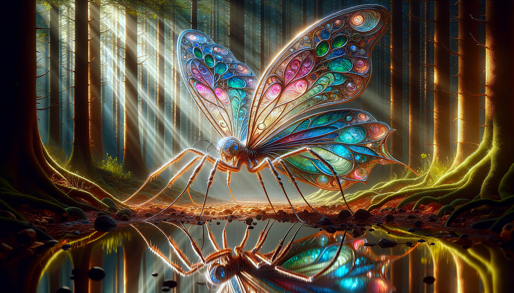 Butterfly by Tranquil Forest Pond with Lush Greenery