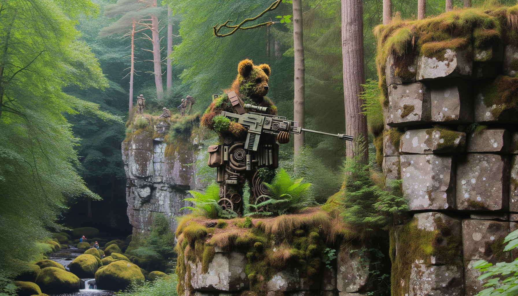 Mechanical Bear in a Lush Forest Setting