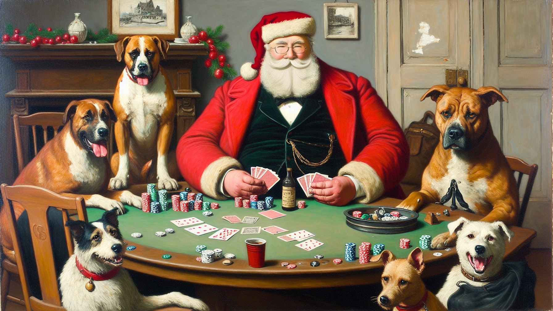Santa Claus and Dogs Playing Poker in Holiday Setting
