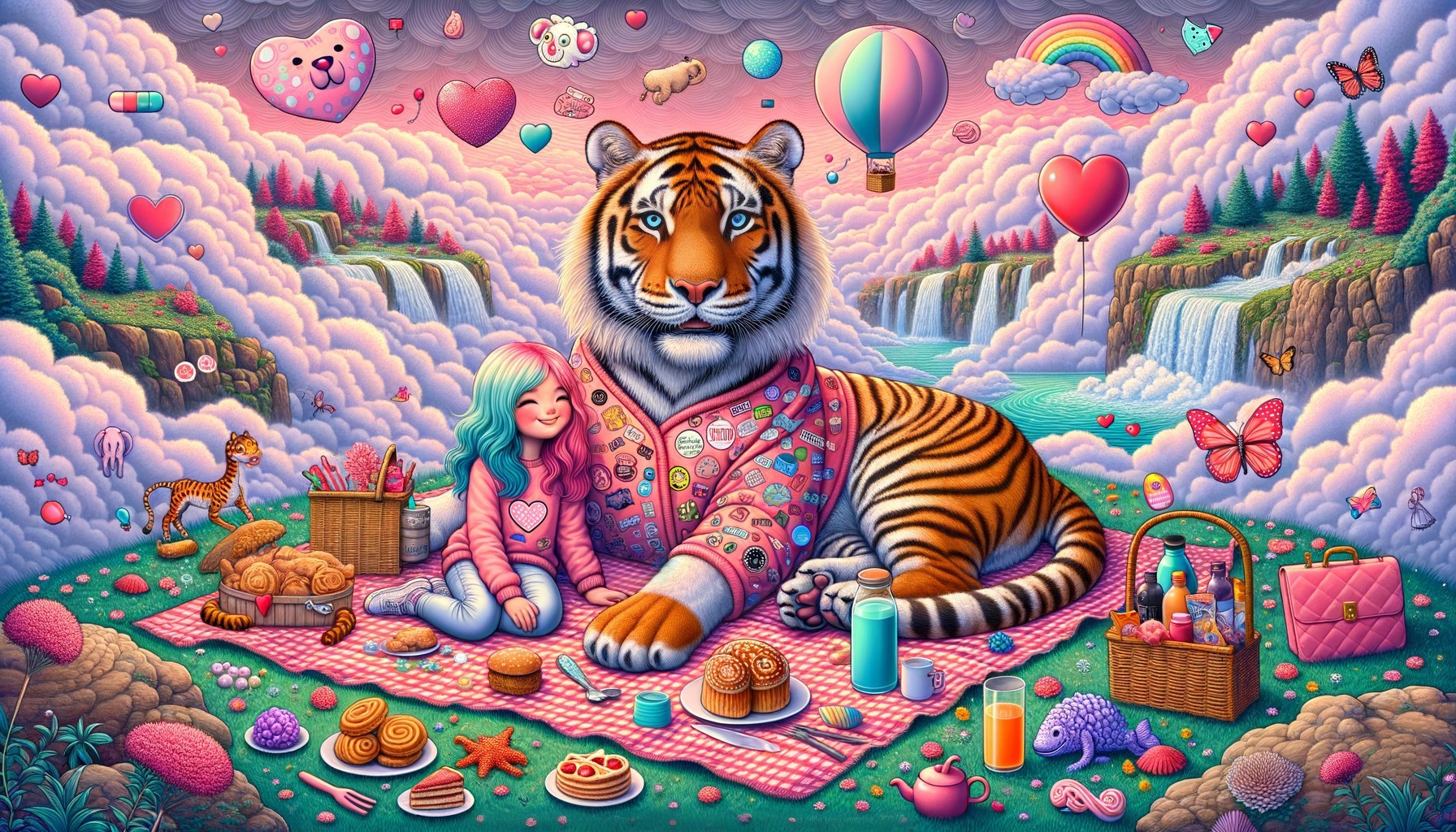 Whimsical Picnic Scene with Tiger and Young Girl