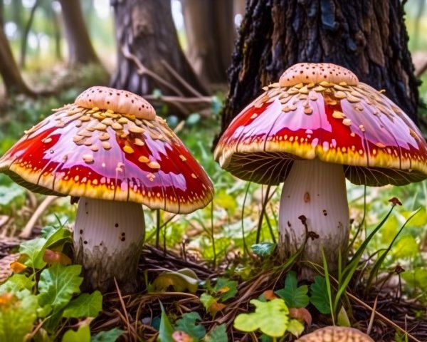 Vibrant Red and Yellow Spotted Mushrooms in Forest