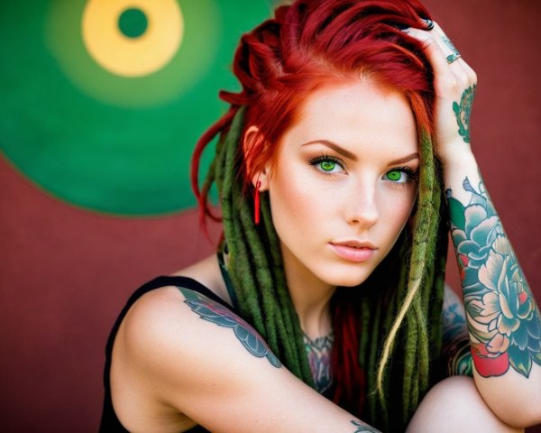Striking woman with red dreadlocks and tattoos