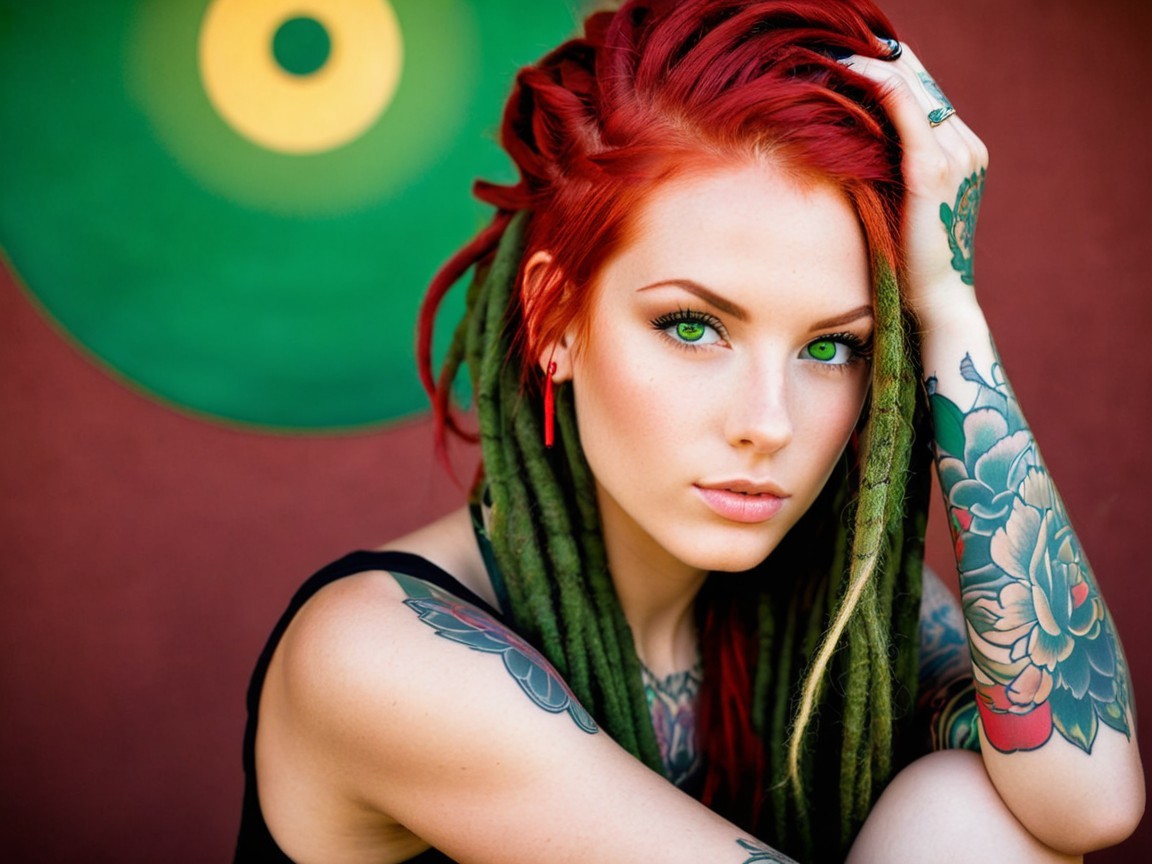 Striking woman with red dreadlocks and tattoos