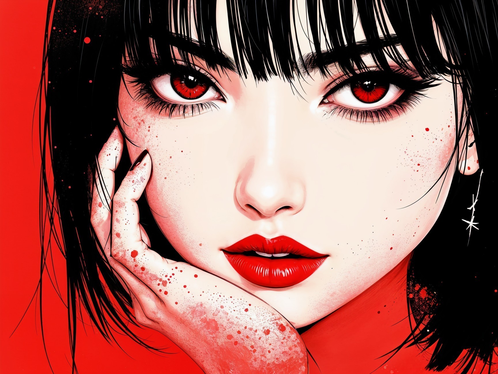 Close-up of a woman with red lips and eyes